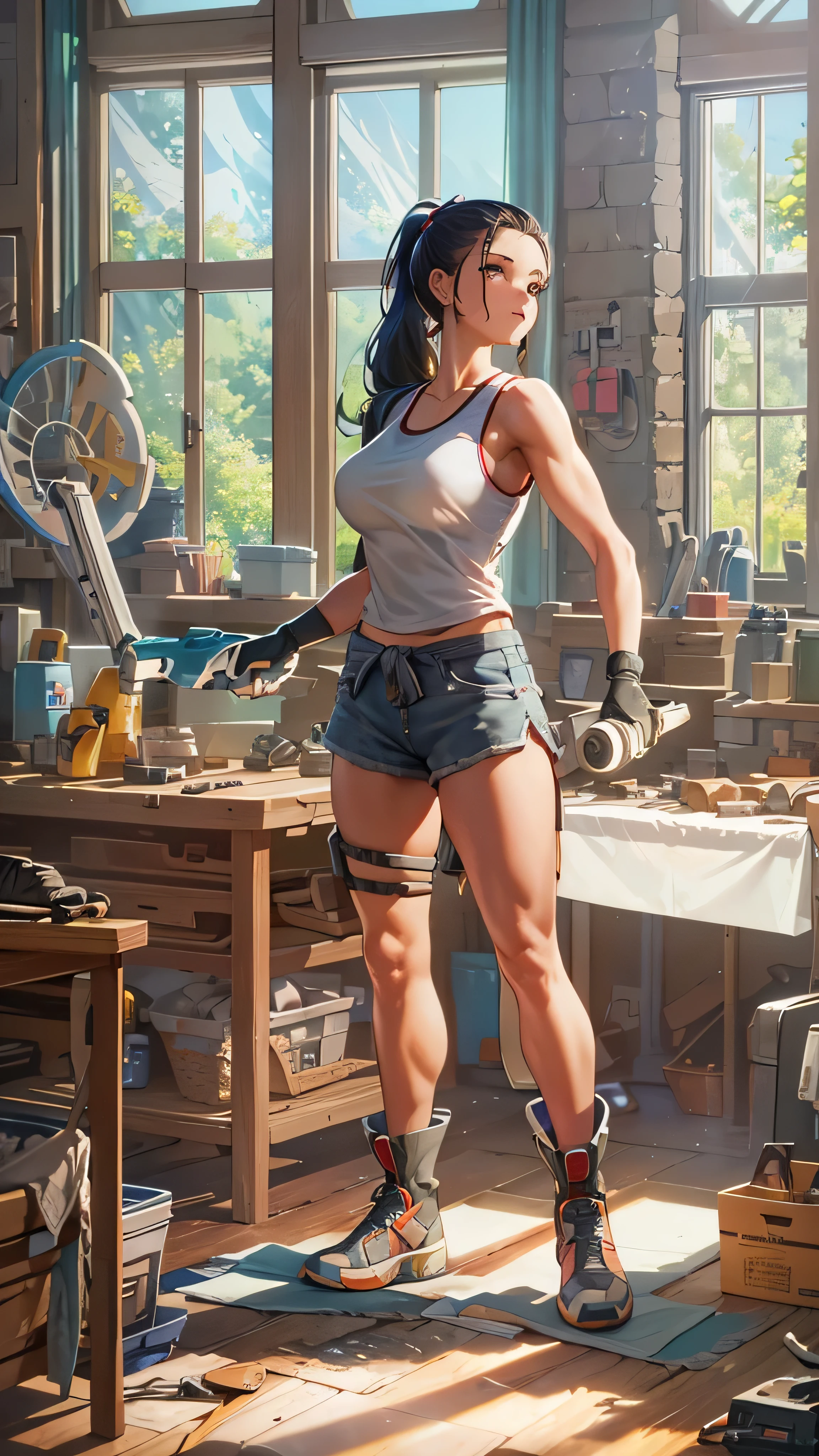Cher,  ponytail,  tank top,  clothes around the waist, cleaning a portal gun at a workbench,  bright morning sunlight shining through the window ( zrpg style ) (Masterpiece:1.2) ( illustration:1.2) ( best quality :1.2) ( Details) ( complicated) (8k) ( high resolution) ( cinematic lighting) ( sharp concentration)