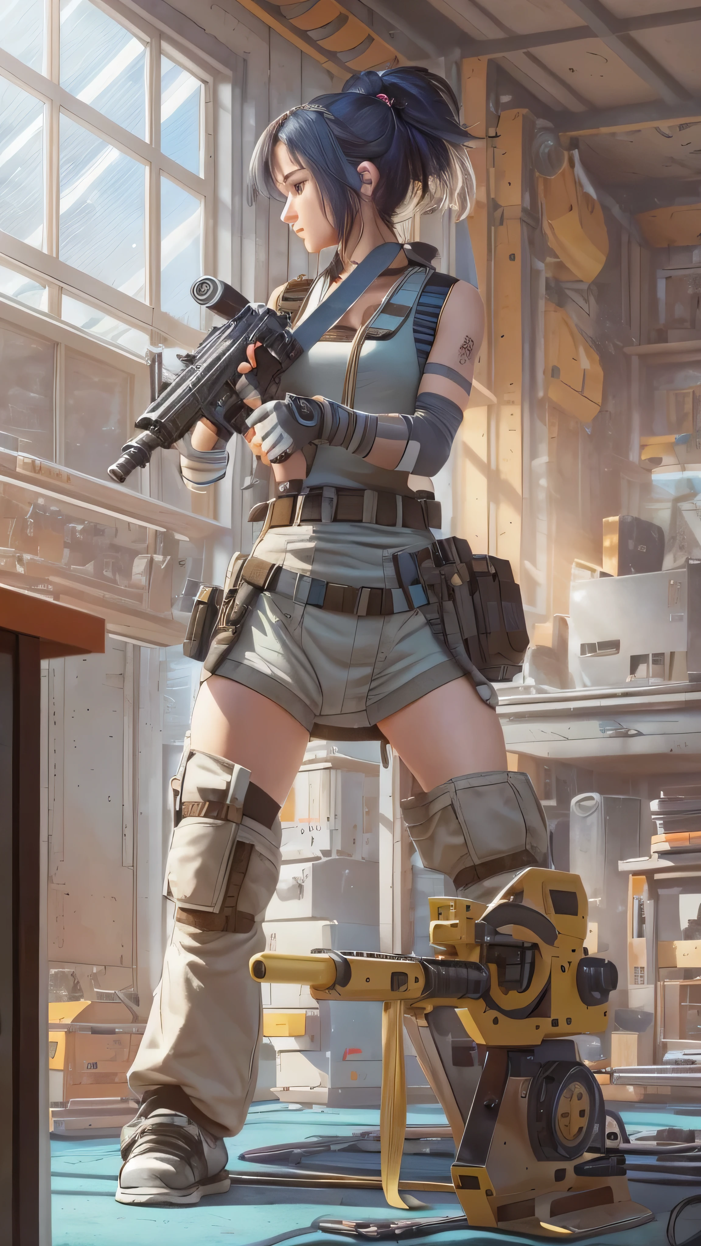  in high definition，Dear,  ponytail,  Tank top,  clothes around the waist, cleaning a portal gun at a workbench,The machine gun is being adjusted、  bright morning sunlight shining through a window adjusting a machine gun ( zrpg style ) (Masterpiece:1.2) ( illustration:1.2) ( best quality :1.2) ( Details) ( complicated) (8k) ( high resolution) ( cinematic lighting) ( sharp concentration)