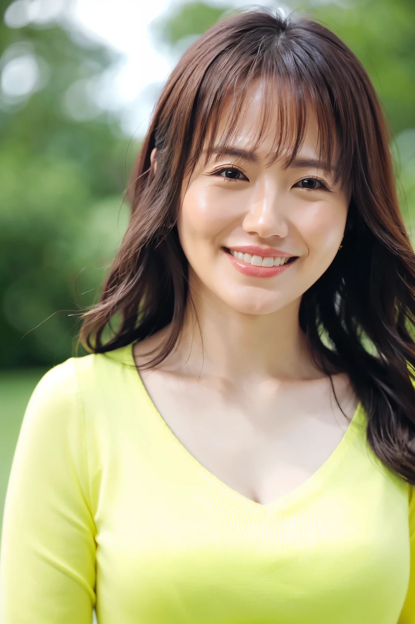 (in 8K, top-quality, masterpiece:1.2), (realisitic, Photorealsitic:1.37), ultra-detailliert, Natural sunlight, mideum breasts, I can see the cleavage, 1 persons, 35-year-old woman, Dark hair, Pendants, Yellow-orange light knit V-neck shirt, extremely detailed face and skin, A detailed eye, extremely detailed face and skin