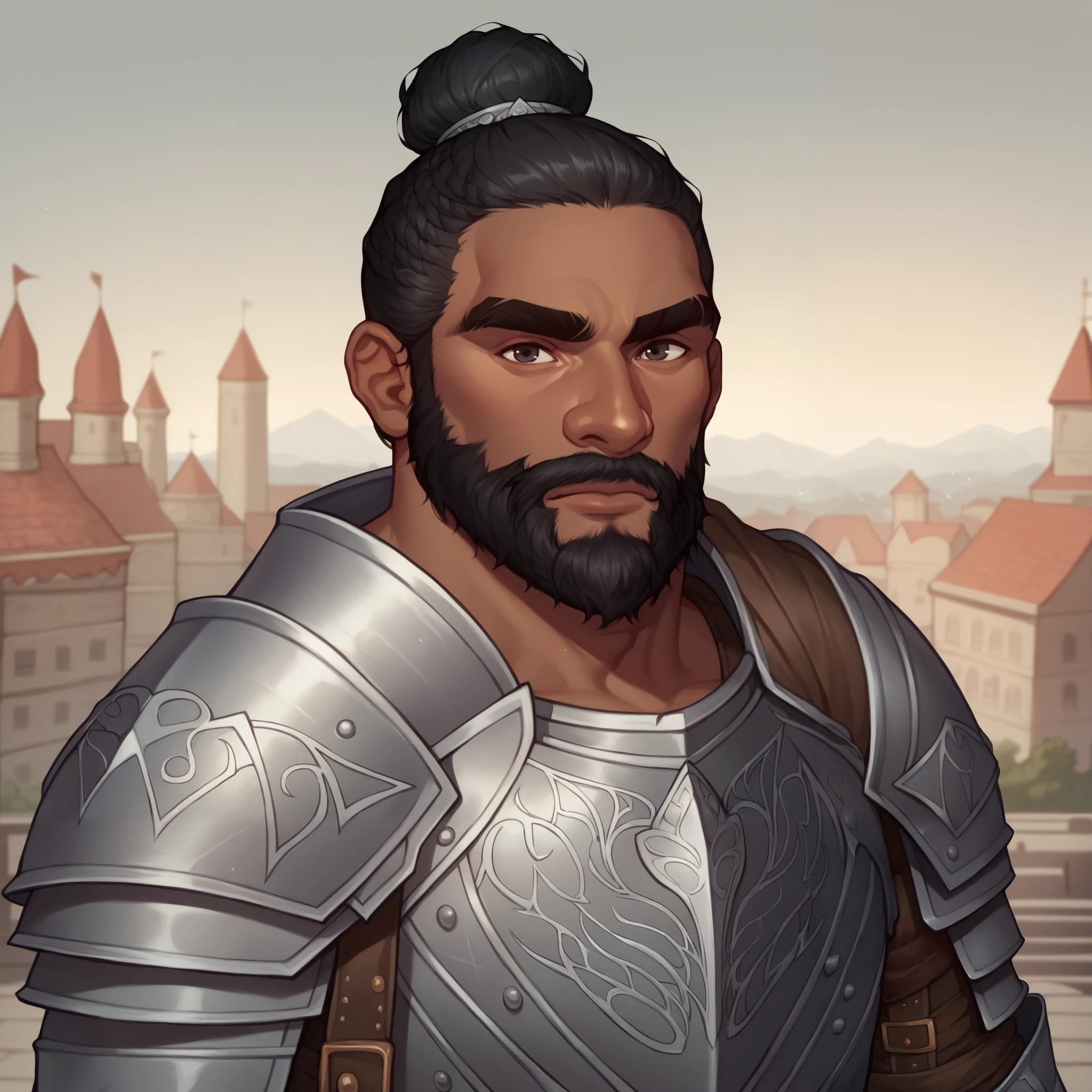 (((beautiful, high quality, comics style, detailed face))), score_9, score_8_up, score_7_up, BREAK, bust shoot view, solo, male (african) dwarf, short stature, big nose, very dark skin, 50 years old, black hair, short hair, bun, ((long beard, voluminous beard, matted beard)), strong, wide, muscular, thick eyebrows, silver knight armor, breastplate armor, Espalier, city, blurred background, Expressiveh, DeepNegative_xl_v1, detailxl, zPDXL3