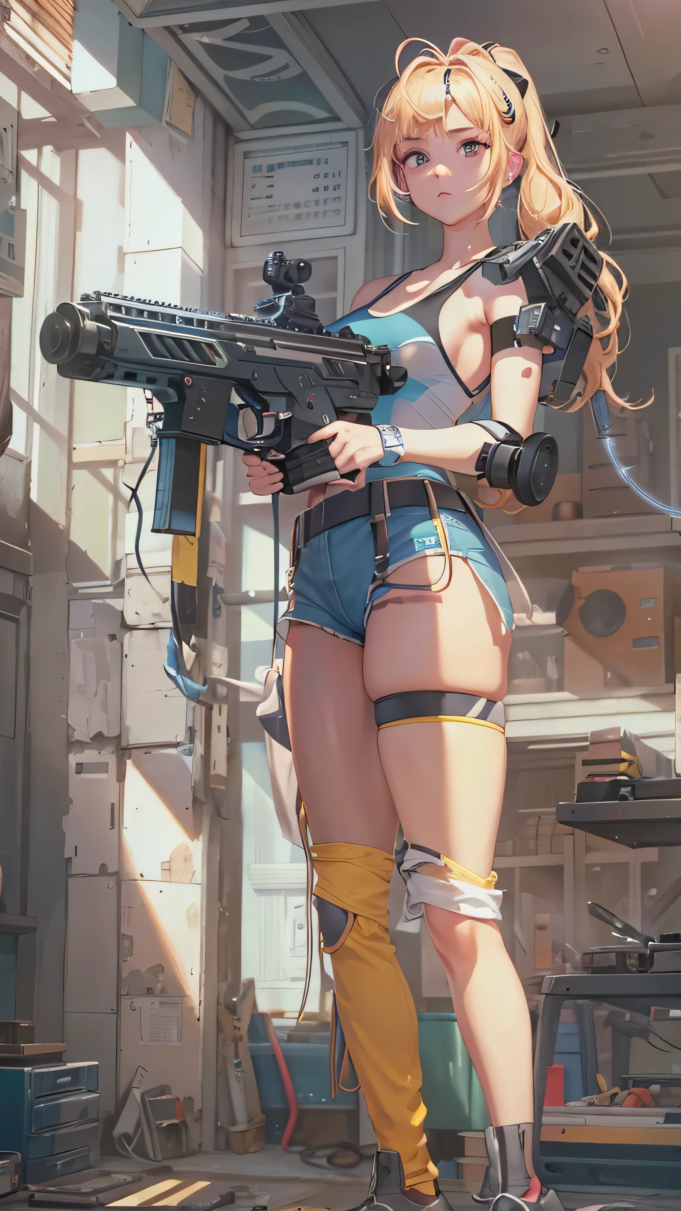 Beautiful woman wearing a very short shorts that shows her ass Black shorts Wearing a booty Like a short tank top shirt that shows the brunette belly with tied hair like a ponytail With a rifle in one hand Wearing a Silver Aviator type glasses Silver lenses And giving a wide smile Looking at the audience Defined muscles Body with curves and strong Details of realistic muscles Hyper realistic Scenario army Hyper realistic 8K Masterpiece With HDR Using Deep Neckline - < --auto --s2