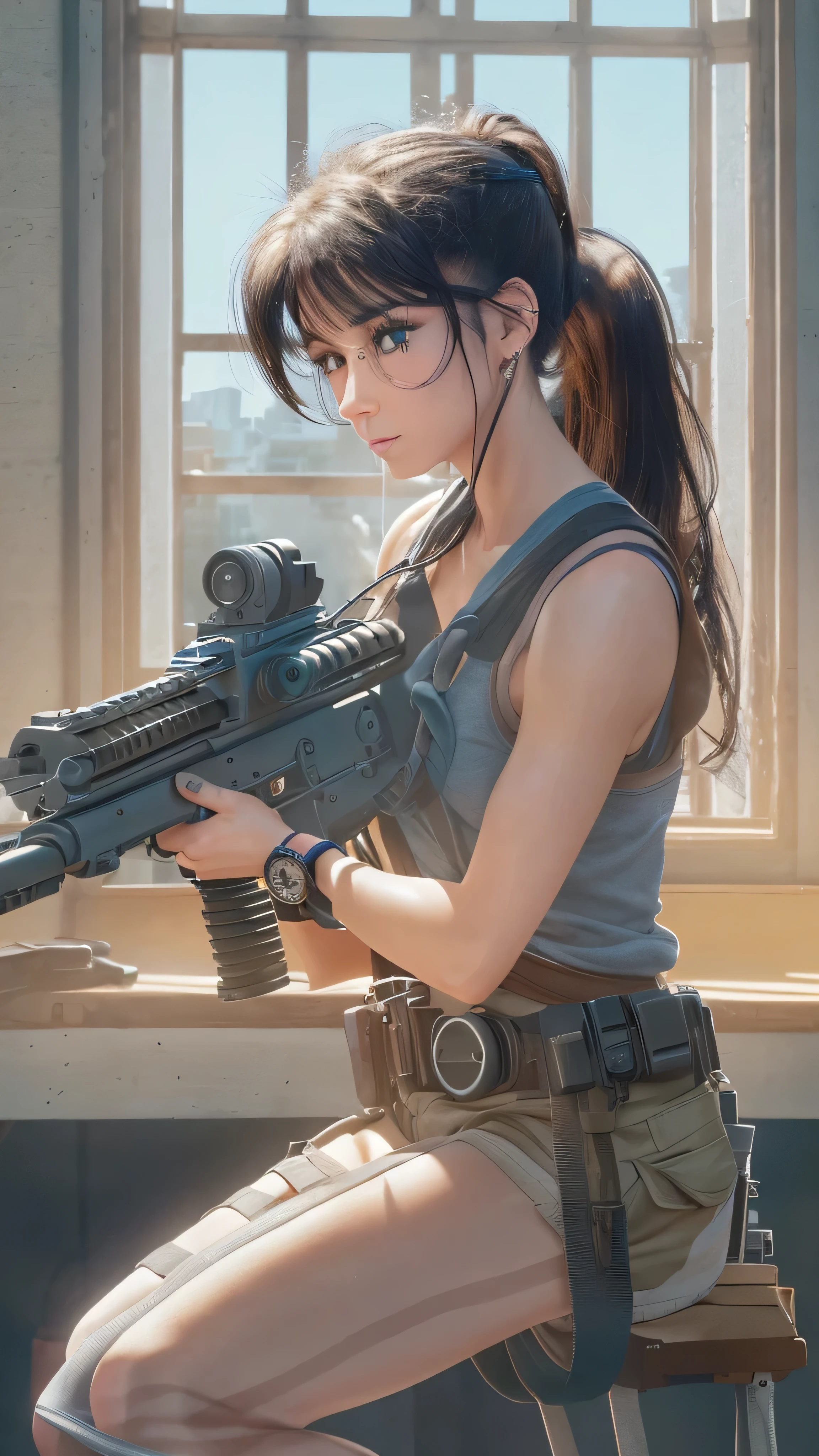 in high definition,Cher, ponytail, tank top, clothes around the waist, cleaning a portal gun at a workbench,The machine gun is being adjusted、 bright morning sunlight shining through a window adjusting a machine gun ( zrpg style ) (Masterpiece:1.2) (live-action) ( best quality :1.2) ( Details) ( complicated) (8k) ( high resolution) ( cinematic lighting) ( sharp concentration)