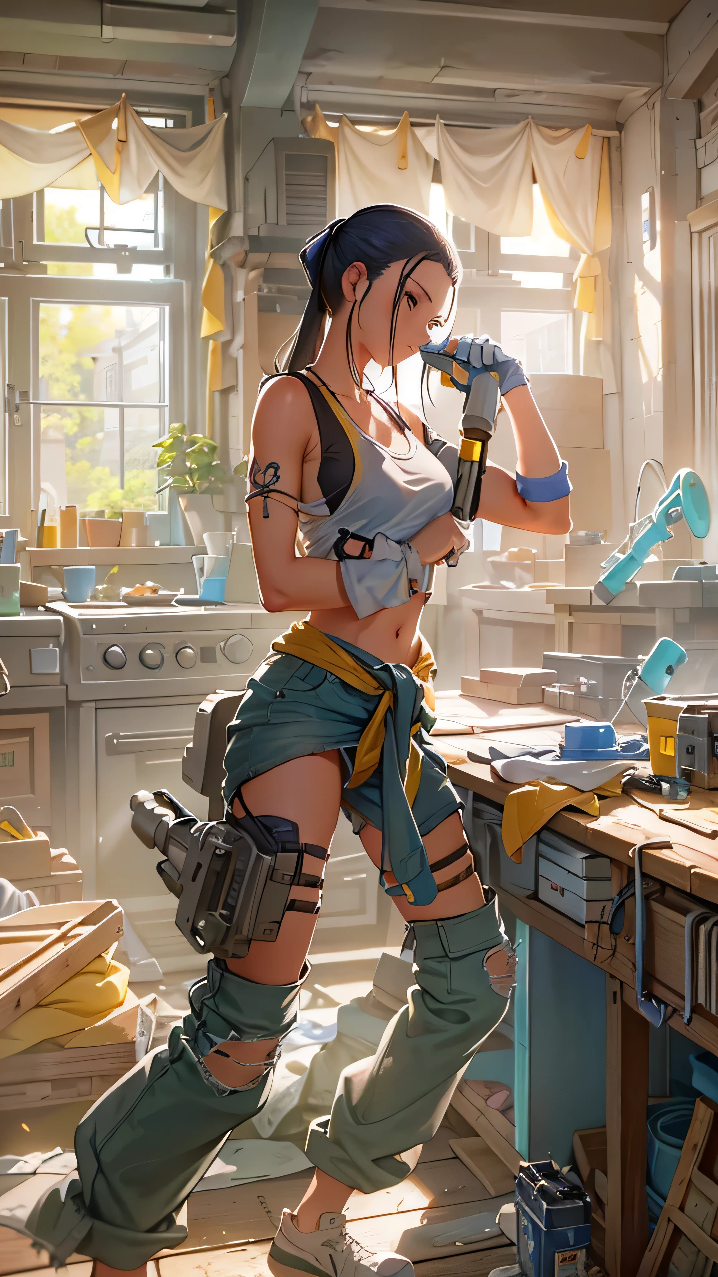 Cher, ponytail, tank top, clothes around the waist, cleaning a portal gun at a workbench, bright morning sunlight shining through the window ( zrpg style ) (Masterpiece:1.2) ( illustration:1.2) ( best quality :1.2) ( Details) ( complicated) (8k) ( high resolution) ( cinematic lighting) ( sharp concentration)