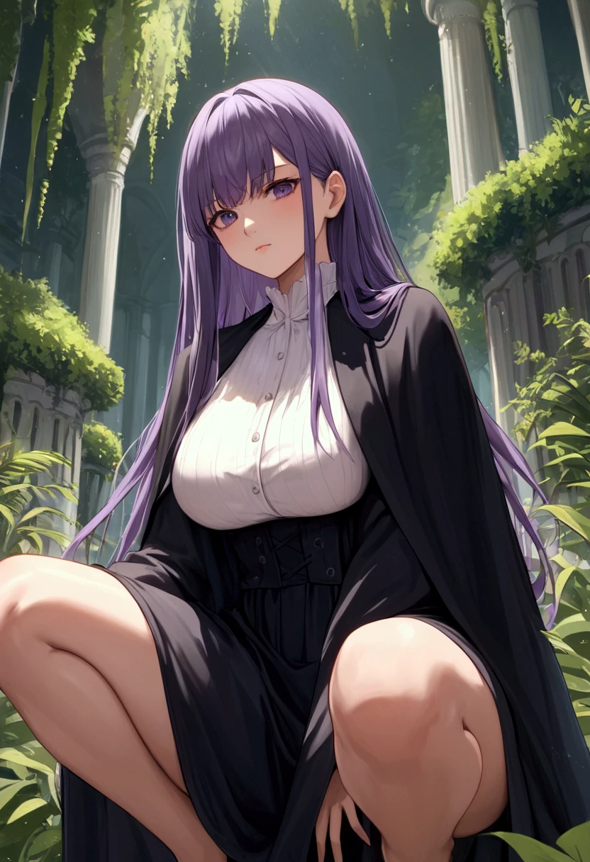 best quality, masterpiece, 1girl, (solo:1.1), raytracing, ultra detailed,detailed face, 8k wallpaper, wide hips, FernNDV, 1girl, purple hair, purple eyes, large breasts, long hair, open clothes, black robe,long white dress, smile, outdoor, sitting
