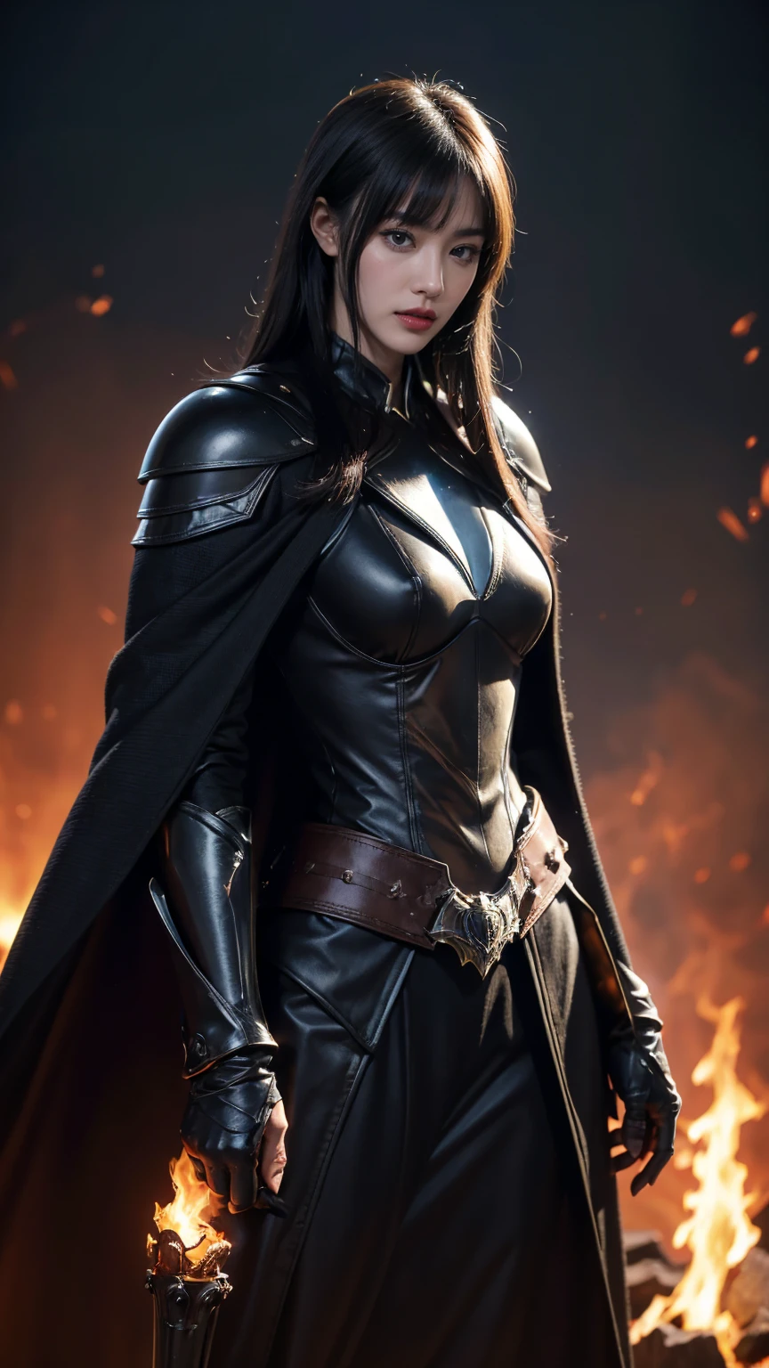 Black Hair, High resolution, Big Tits,Super Breasts,Large Breasts,Saggy breasts,Big white round ass, Plump, Droopy eyes, Showing teeth, Chubby, Brown Hair, bangs, Large Breasts, Underbust, See through, Stick your butt out,Keep your butt up, Deep red leather bust top with gold embellishments,The shoulders are fitted with black leather shoulder guards, giving the armor a combat-like appearance with their sharp angles.,From his chest to his shoulders, there is a magical aura with glowing red runes.,The design features tight leather pants with metal armor placed in parts to accentuate the entire leg.,The sides of the pants are embroidered with flames, which shine with each movement of the magician.。A heavy chain belt is worn around the waist, with a red jewel embedded in the buckle.,A jet black cape spreads across his back, and the inside is colored red and orange like a burning flame.,The bottom of the cape has a sharp cut design, giving the impression of flames spreading as it sways in the wind.,Black boots with red lines,The knee-length dress features gold buckles and metal embellishments.,The heels of the boots are sturdy and designed to support mobility during combat.,On his head is a shining metallic circlet in the shape of a flame.,A glowing red ruby is embedded in the center of the circlet and is constantly burning on the magician's forehead.,He is wearing black leather gauntlets from his wrists to his elbows, with red runes engraved on them.,Flames leak out from the gauntlet, and the more power the magician exerts, the more intense the flames become.,A necklace with a large red gemstone dangling from a heavy gold chain,The jewel serves to focus her magical power and does not lose its shine even in the heat of battle.,The staff he holds is made of black metal with a burning orb of flame floating at its tip.,The handle of the staff is inscribed with ancient runes and acts as a medium for collecting fire magic.,