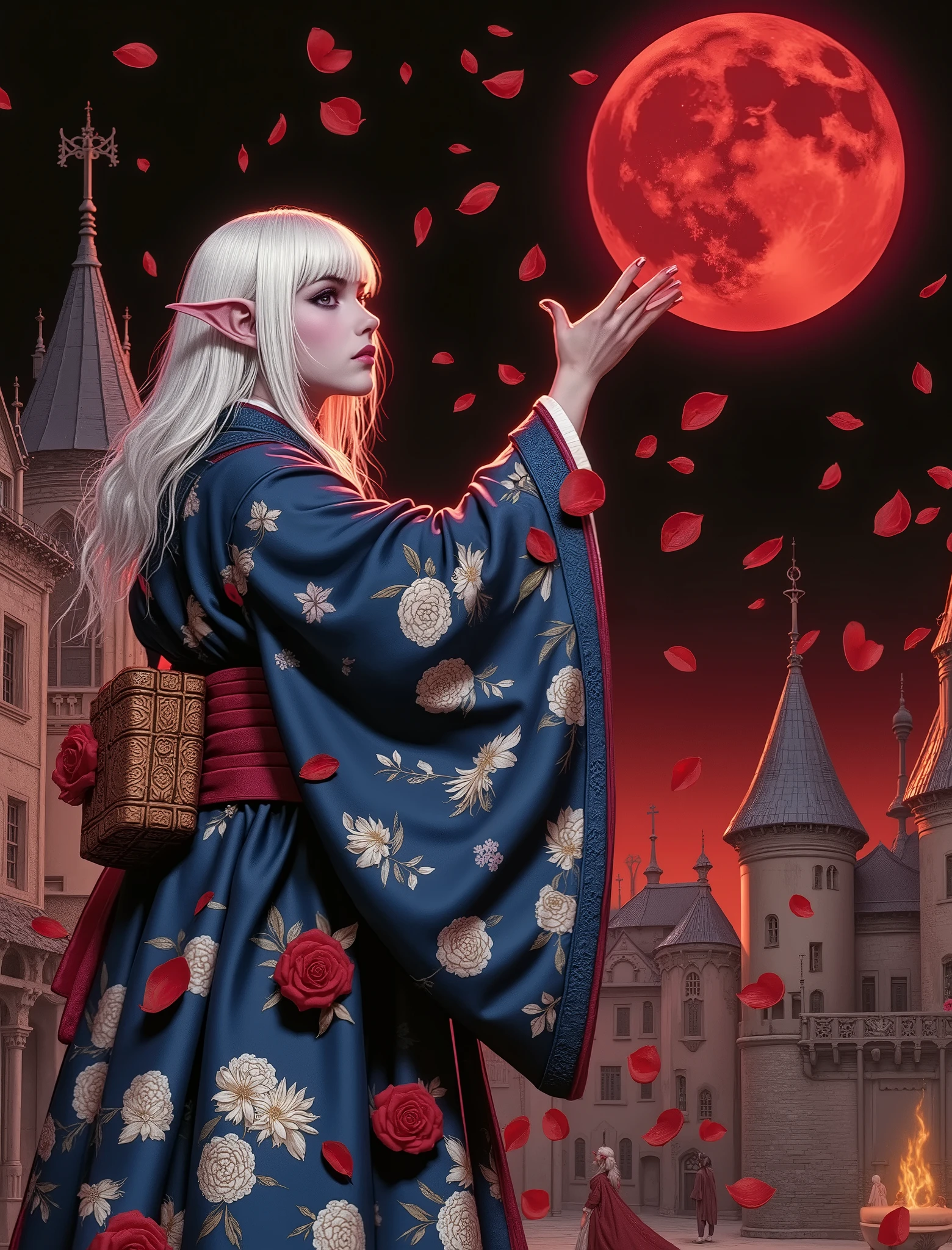 (Ultra-detailed face, Looking away, Gothic Illustration, Dark tone colors. ), BREAK 
(The backdrop of an ancient castle with medieval German gothic spires lit by a red moon. A dark elf priestess with her back to the altar in the center of the castle square, her hands outstretched above her head, her body spinning, and her palms sprinkling crimson rose petals to fill the screen.), BREAK 
(The young Dark Elven female priestess has white hair, white eyebrows, blunt bangs, shoulder-length long messy hair, small pink lips, dark purple skin, and thick eyeliner.), BREAK 
(She wears a medieval Japanese-style kimono of blue silk fabric with white lilies printed on it. The wide obi has a wisteria flower design. She wears white tabi socks and black wooden geta with a red nose strap.)