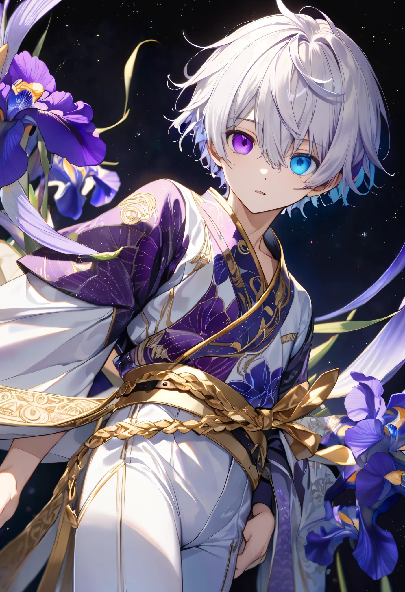  fresh illustration ,
Superfine painting,
 very delicate illustration ,
 Very fine details ,
Picture of only one boy ,
Height: 158cm,
(( standing)),
 white skin,
(((((The right iris is purple and the left iris is blue)))))
(((((Complete iris heterochromia ))))),
 beautiful eyes,
 large black pupils ,
 short hair,
Gray Hair,
 hair roots are bluish ,
 The hair has gradation ,
 shiny hair with makeup,
Beautiful and pretty face,
A small rear wheel that shines brightly floats above the head ,
 raised eyebrows ,
 and is wearing a kimono on the upper body in kimono,
Masculine physique,
 Six Pack,
 lower body Nadres ,
The color of the belt is black ,
Overall white clothes ,
 The design is tastefully embroidered with gold thread,
 fine fabric clothing ,
 jockstrap underwear ,
 white thigh strap ,
 white thigh strap は肌に食い込んでいる,
 white long boots,
 There are countless Japanese style ,
 number of fingers on the hands and feet ,
 thin waist,
 thin legs ,
Isometric,
Golden Ratio,
god々 like atmosphere,
 The undershirt is indigo-colored with a stand-up collar,
 outer space ,
Milky Way,
Little Star々 upper body ,
 tactical use of shadows ,
 rings of the head and hair do not stick out of the angle of view,
Clothes don't stick out of the angle of view ,
(( full shot)),