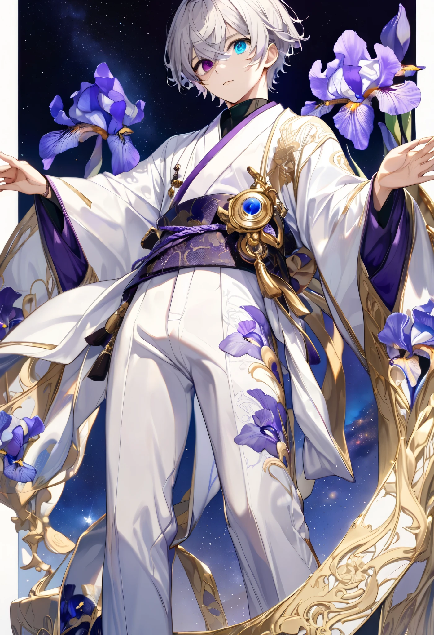 fresh illustration ,
Superfine painting,
very delicate illustration ,
Very fine details ,
Picture of only one boy ,
Height: 158cm,
(( standing)),
white skin,
(((((The right iris is purple and the left iris is blue)))))
(((((Complete iris heterochromia ))))),
beautiful eyes,
large black pupils ,
short hair,
Gray Hair,
hair roots are bluish ,
The hair has gradation ,
shiny hair with makeup,
Beautiful and pretty face,
A small rear wheel that shines brightly floats above the head ,
raised eyebrows ,
and is wearing a kimono on the upper body in kimono,
Masculine physique,
Six Pack,
lower body Nadres ,
The color of the belt is black ,
Overall white clothes ,
The design is tastefully embroidered with gold thread,
fine fabric clothing ,
jockstrap underwear ,
white thigh strap ,
white thigh strap は肌に食い込んでいる,
white long boots,
There are countless Japanese style ,
number of fingers on the hands and feet ,
thin waist,
thin legs ,
Isometric,
Golden Ratio,
god々 like atmosphere,
The undershirt is indigo-colored with a stand-up collar,
outer space ,
Milky Way,
Little Star々 upper body ,
tactical use of shadows ,
rings of the head and hair do not stick out of the angle of view,
Clothes don't stick out of the angle of view ,
(( full shot)),