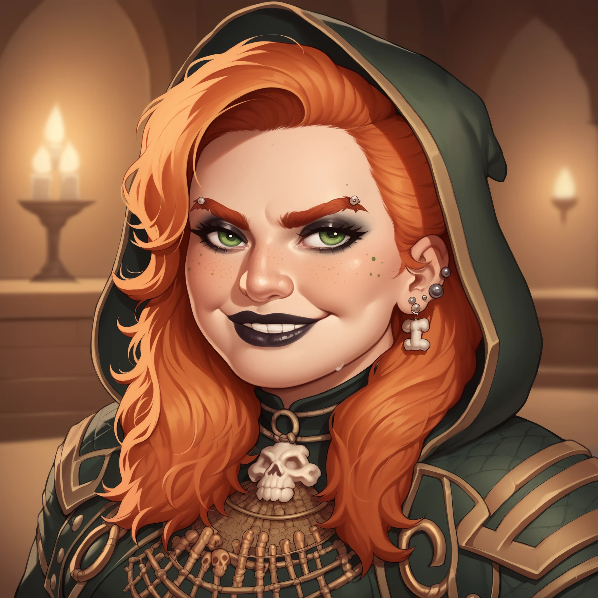 (((beautiful, high quality, comics style, detailed face))), score_9, score_8_up, score_7_up, BREAK, bust shoot view, solo, (Dwarf, short stature, big nose), ginger woman:1, 25y, gothgirl, chubby, chubby face, round face, swollen face, double chin, big cheeks, tattoos on body, BREAK piercings and rings on the ears, dark makeup, charming beauty, freckles, green eyes, ((smirk)), piercing gaze, (hairy sideburns), ((bushy eyebrows)), wearing goth wizard robes, ((bone jewelry)), wizard tower, blurred background, Expressiveh, DeepNegative_xl_v1, detailxl, zPDXL3