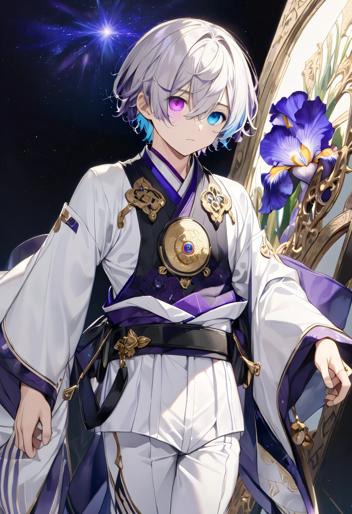  fresh illustration ,
Superfine painting,
 very delicate illustration ,
 Very fine details ,
Picture of only one boy ,
Height: 158cm,
(( standing)),
 white skin,
(((((The right iris is purple and the left iris is blue)))))
(((((Complete iris heterochromia ))))),
 beautiful eyes,
 large black pupils ,
 short hair,
Gray Hair,
 hair roots are bluish ,
 The hair has gradation ,
 shiny hair with makeup,
Beautiful and pretty face,
A small rear wheel that shines brightly floats above the head ,
 raised eyebrows ,
 and is wearing a kimono on the upper body in kimono,
Masculine physique,
 Six Pack,
 lower body Nadres ,
The color of the belt is black ,
Overall white clothes ,
 The design is tastefully embroidered with gold thread,
 fine fabric clothing ,
 jockstrap underwear ,
 white thigh strap ,
 white thigh strap は肌に食い込んでいる,
 white long boots,
 There are countless Japanese style ,
 number of fingers on the hands and feet ,
 thin waist,
 thin legs ,
Isometric,
Golden Ratio,
god々 like atmosphere,
 The undershirt is indigo-colored with a stand-up collar,
 outer space ,
Milky Way,
Little Star々 upper body ,
 tactical use of shadows ,
 rings of the head and hair do not stick out of the angle of view,
Clothes don't stick out of the angle of view ,
(( full shot)),