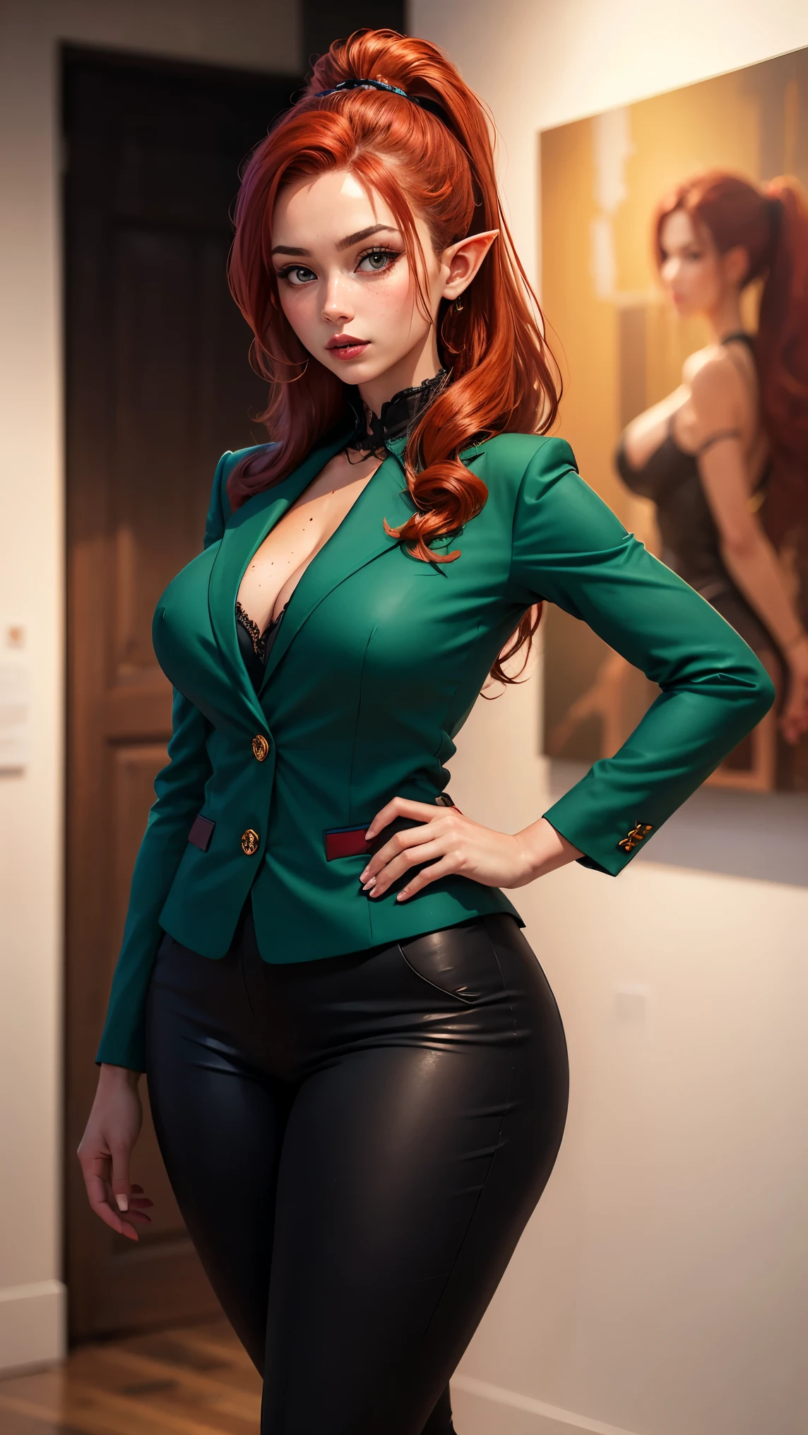 women,red long hair, glasses, oliv green BLazer Officer Uniform, oliv green Trousers, medium breast, standing in a office