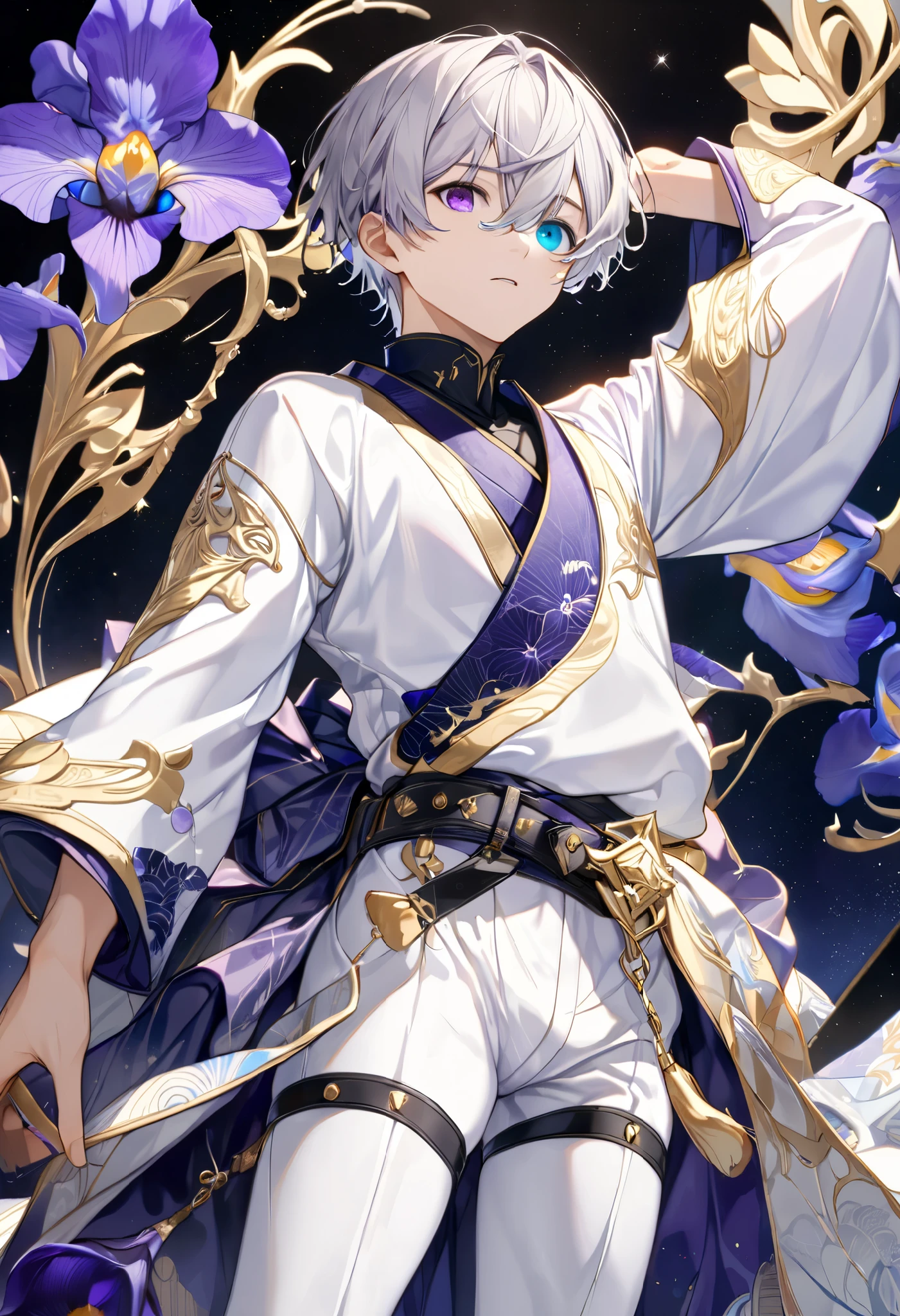 fresh illustration ,
Superfine painting,
very delicate illustration ,
Very fine details ,
Picture of only one boy ,
Height: 158cm,
(( standing)),
white skin,
(((((The right iris is purple and the left iris is blue)))))
(((((Complete iris heterochromia ))))),
beautiful eyes,
large black pupils ,
short hair,
Gray Hair,
hair roots are bluish ,
The hair has gradation ,
shiny hair with makeup,
Beautiful and pretty face,
A small rear wheel that shines brightly floats above the head ,
raised eyebrows ,
and is wearing a kimono on the upper body in kimono,
Masculine physique,
Six Pack,
lower body Nadres ,
The color of the belt is black ,
Overall white clothes ,
The design is tastefully embroidered with gold thread,
fine fabric clothing ,
jockstrap underwear ,
white thigh strap ,
white thigh strap は肌に食い込んでいる,
white long boots,
There are countless Japanese style ,
number of fingers on the hands and feet ,
thin waist,
thin legs ,
Isometric,
Golden Ratio,
god々 like atmosphere,
The undershirt is indigo-colored with a stand-up collar,
outer space ,
Milky Way,
Little Star々 upper body ,
tactical use of shadows ,
rings of the head and hair do not stick out of the angle of view,
Clothes don't stick out of the angle of view ,
(( full shot)),