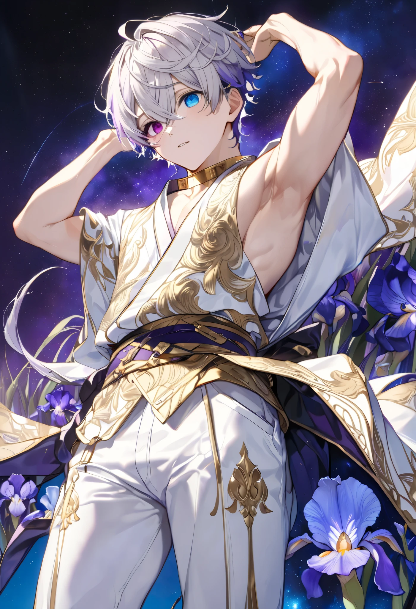fresh illustration ,
Superfine painting,
very delicate illustration ,
Very fine details ,
Picture of only one boy ,
Height: 158cm,
(( standing)),
white skin,
(((((The right iris is purple and the left iris is blue)))))
(((((Complete iris heterochromia ))))),
beautiful eyes,
large black pupils ,
short hair,
Gray Hair,
hair roots are bluish ,
The hair has gradation ,
shiny hair with makeup,
Beautiful and pretty face,
A small rear wheel that shines brightly floats above the head ,
raised eyebrows ,
and is wearing a kimono on the upper body in kimono,
Masculine physique,
Six Pack,
lower body Nadres ,
The color of the belt is black ,
Overall white clothes ,
The design is tastefully embroidered with gold thread,
fine fabric clothing ,
jockstrap underwear ,
white thigh strap ,
white thigh strap は肌に食い込んでいる,
white long boots,
There are countless Japanese style ,
number of fingers on the hands and feet ,
thin waist,
thin legs ,
Isometric,
Golden Ratio,
god々 like atmosphere,
The undershirt is indigo-colored with a stand-up collar,
outer space ,
Milky Way,
Little Star々 upper body ,
tactical use of shadows ,
rings of the head and hair do not stick out of the angle of view,
Clothes don't stick out of the angle of view ,
(( full shot)),