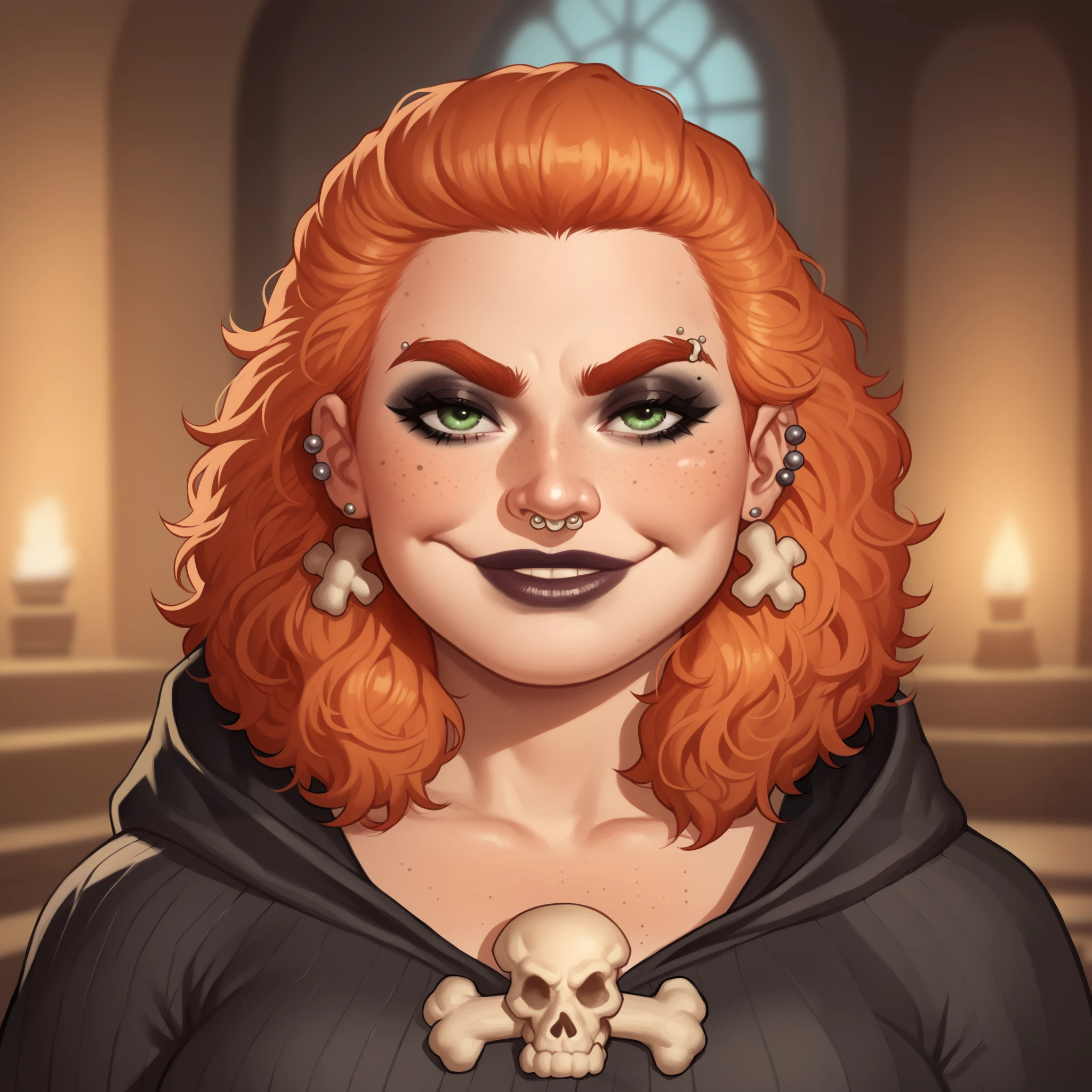 (((beautiful, high quality, comics style, detailed face))), score_9, score_8_up, score_7_up, BREAK, bust shoot view, solo, (Dwarf, short stature, big nose), ginger woman:1, 25y, gothgirl, chubby, chubby face, round face, swollen face, double chin, big cheeks, tattoos on body, BREAK piercings and rings on the ears, dark makeup, charming beauty, freckles, green eyes, ((smirk)), piercing gaze, (hairy sideburns), ((bushy eyebrows)), wearing goth wizard robes, ((bone jewelry)), wizard tower, blurred background, Expressiveh, DeepNegative_xl_v1, detailxl, zPDXL3