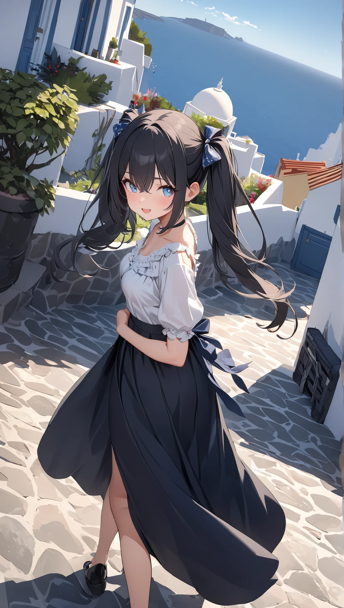 Santorini, Greece、White house in the background 、 blouse、 Long Skirt、blue sky, Fun expression、 take your eyes off 、walking, side view, 、from side, extreme wide shot, rule of thirds, dutch angle shot、( slim、1 person, cute young woman, medium breasts, black hair、 twin tail hair 、Long side bangs、Azure Eyes、red large lace hair bow),delicate beautiful eyes , high definition , masterpiece, pictures of girls ,beautiful face、Beautiful Bangs, bangs between eyes,,quality\(8k, の very detailed on trendsなCGユニットのwallpaper , masterpiece, high resolution,top-quality,top-quality , increase resolution ,RAW lot,最高のquality, very detailed on trends,wallpaper, ray trace,Golden Ratio,\)、