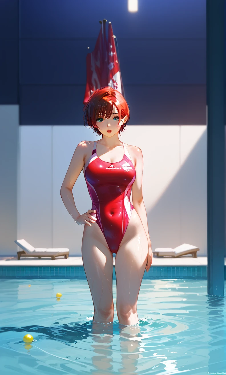 NSFW、Top image quality、top-quality、8K picture quality、1girll、full body Esbian、hitomi、A smile、embarrassed from、red blush、Beautiful fece、Bob hair、(Red headband:1.2)、(Gold Metallic:1.4)、(Sleeveless)、(High neck competitive swimsuit)、(highleg)、(Cameltoe)、(pin heels)、Squatting on the ground、(Open your crotch wide from side to side)、Arms behind head、(Show off your armpits)、gazing at viewer、((Face the viewer))、((Show viewers your crotch)) 、((Frontal shot))、in poolside、profetional lighting、professional photograpy