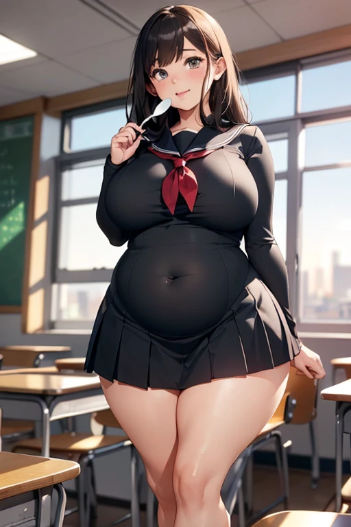 (highest quality、In 8K、32K、masterpiece、nffsw、超A high resolution、Impressionism、huge breasts, Photoreal:1.2)、Angle from above、high angle、big breasts、cowboy shot, detailed face and eyes、 inside the classroom、School、sunset、beautiful face、blurred background、16 year old beautiful girl、shiny skin、length、beautiful black hair、dull bangs、invincible smile、gray eyes、sailor suit、pleated mini skirt、curve、stand on one knee、spread your legs、(lure)、((look of contempt))、Chubby、((plump body))、((plump face))、((plump body))、((plump face))、((plump body))、((plump face))、((plump body))、((plump face))、((Growing thighs))、((Growing ))、((Growing thighs))、((Growing ))、((Growing thighs))、((Growing ))、((Growing thighs))、((Growing ))、((Growing thighs))、((Growing ))、((Growing thighs))、((Growing ))、((Growing thighs))、((Growing ))、((Growing thighs))、((Growing ))、((show panties))