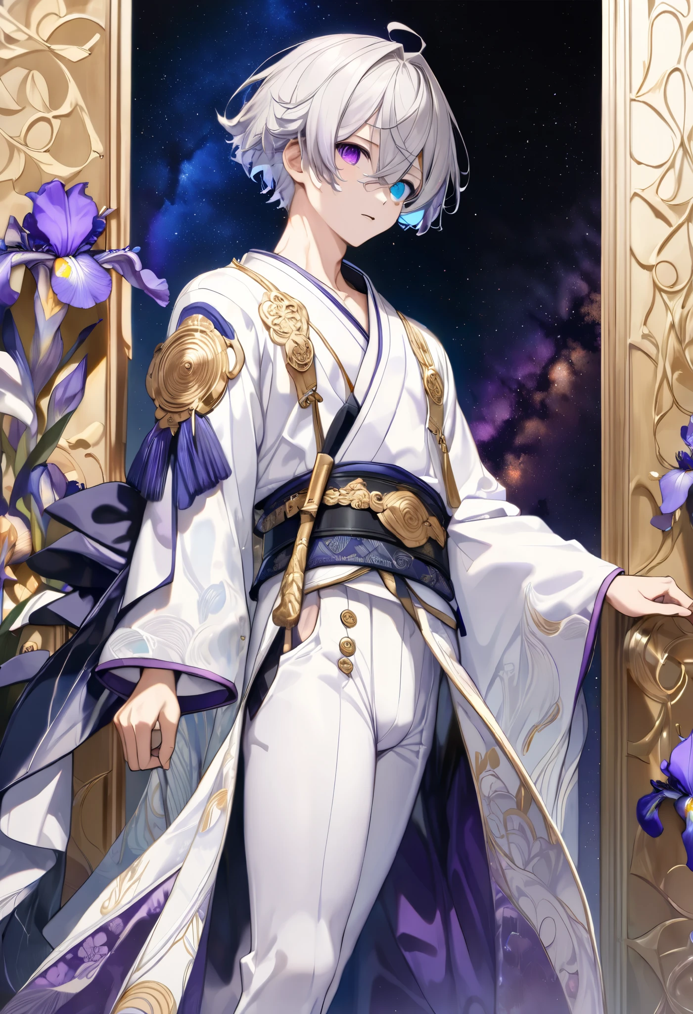 fresh illustration ,
Superfine painting,
very delicate illustration ,
Very fine details ,
Picture of only one boy ,
Height: 158cm,
(( standing)),
white skin,
(((((The right iris is purple and the left iris is blue)))))
(((((Complete iris heterochromia ))))),
beautiful eyes,
large black pupils ,
short hair,
Gray Hair,
hair roots are bluish ,
The hair has gradation ,
shiny hair with makeup,
Beautiful and pretty face,
A small rear wheel that shines brightly floats above the head ,
raised eyebrows ,
and is wearing a kimono on the upper body in kimono,
Masculine physique,
Six Pack,
lower body Nadres ,
The color of the belt is black ,
Overall white clothes ,
The design is tastefully embroidered with gold thread,
fine fabric clothing ,
jockstrap underwear ,
white thigh strap ,
white thigh strap は肌に食い込んでいる,
white long boots,
There are countless Japanese style ,
number of fingers on the hands and feet ,
thin waist,
thin legs ,
Isometric,
Golden Ratio,
god々 like atmosphere,
The undershirt is indigo-colored with a stand-up collar,
outer space ,
Milky Way,
Little Star々 upper body ,
tactical use of shadows ,
rings of the head and hair do not stick out of the angle of view,
Clothes don't stick out of the angle of view ,
(( full shot)),