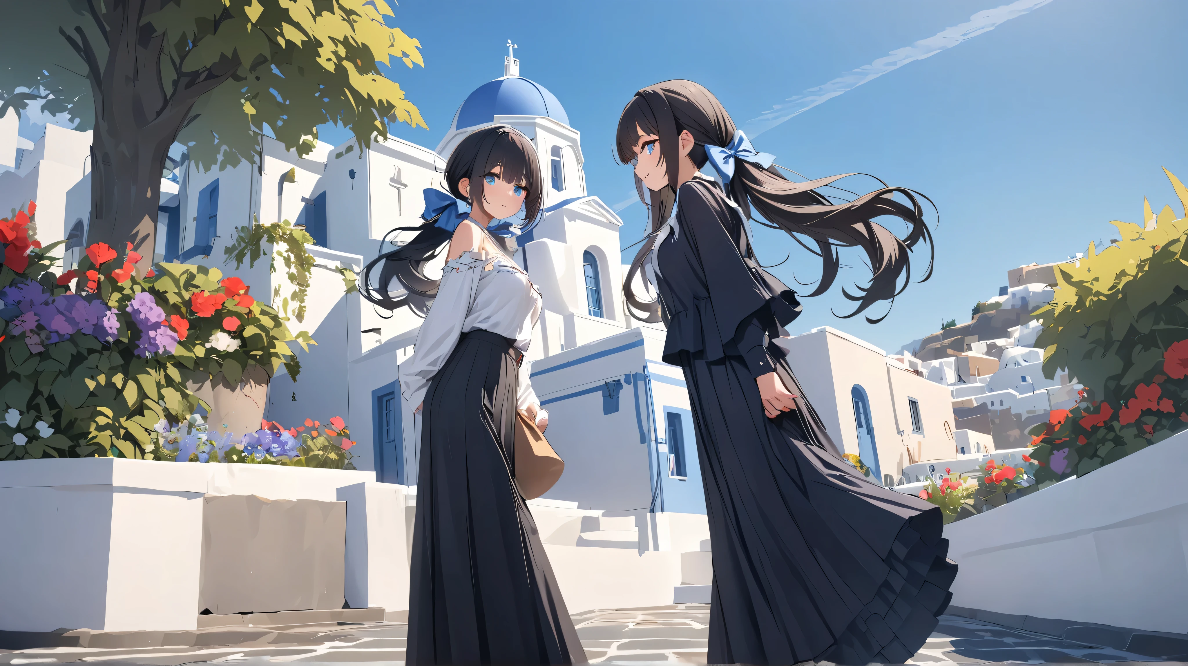 Santorini, Greece、White house in the background 、 blouse、 Long Skirt、blue sky, Fun expression、 take your eyes off 、profile、from side, extreme wide shot, rule of thirds, dutch angle shot、( slim、1 person, cute young woman,  medium breasts, black hair、 twin tail hair 、Long side bangs、Azure Eyes、red large lace hair bow),delicate beautiful eyes , high definition , masterpiece, pictures of girls ,beautiful face、Beautiful Bangs, bangs between eyes,,quality\(8k, の very detailed on trendsなCGユニットのwallpaper , ​masterpiece, high resolution,top-quality,top-quality , increase resolution ,RAW lot,highest quality, very detailed on trends,wallpaper, ray trace,Golden Ratio,\)、