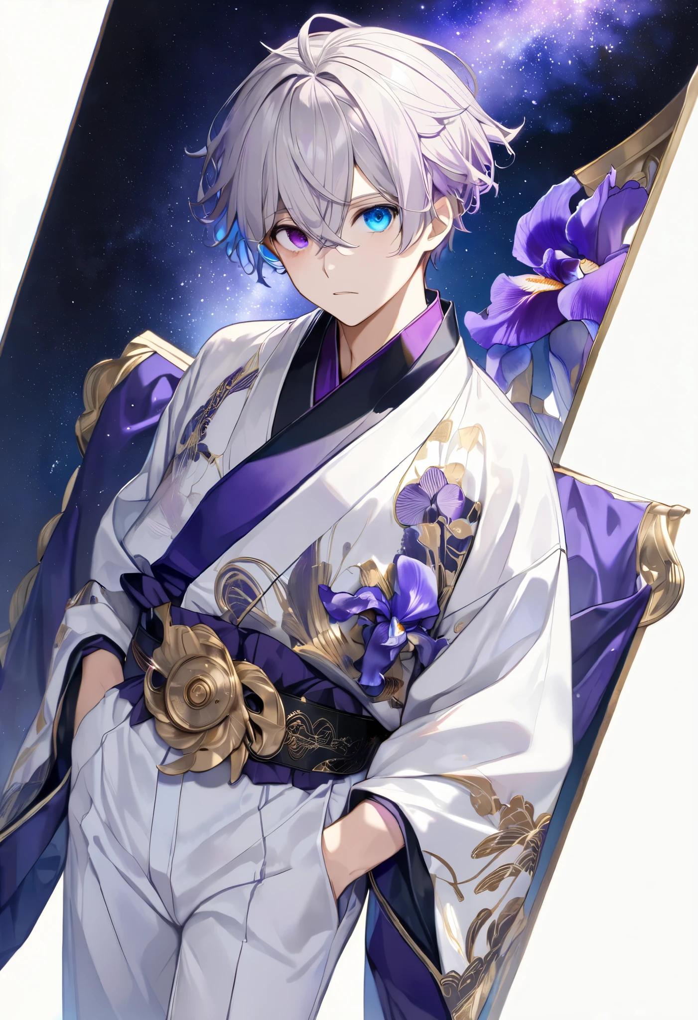  fresh illustration ,
Superfine painting,
 very delicate illustration ,
 Very fine details ,
Picture of only one boy ,
Height: 158cm,
(( standing)),
 white skin,
(((((The right iris is purple and the left iris is blue)))))
(((((Complete iris heterochromia ))))),
 beautiful eyes,
 large black pupils ,
 short hair,
Gray Hair,
 hair roots are bluish ,
 The hair has gradation ,
 shiny hair with makeup,
Beautiful and pretty face,
A small rear wheel that shines brightly floats above the head ,
 raised eyebrows ,
 and is wearing a kimono on the upper body in kimono,
Masculine physique,
 Six Pack,
 lower body Nadres ,
The color of the belt is black ,
Overall white clothes ,
 The design is tastefully embroidered with gold thread,
 fine fabric clothing ,
 jockstrap underwear ,
 white thigh strap ,
 white thigh strap は肌に食い込んでいる,
 white long boots,
 There are countless Japanese style ,
 number of fingers on the hands and feet ,
 thin waist,
 thin legs ,
Isometric,
Golden Ratio,
god々 like atmosphere,
 The undershirt is indigo-colored with a stand-up collar,
 outer space ,
Milky Way,
Little Star々 upper body ,
 tactical use of shadows ,
 rings of the head and hair do not stick out of the angle of view,
Clothes don't stick out of the angle of view ,
(( full shot)),