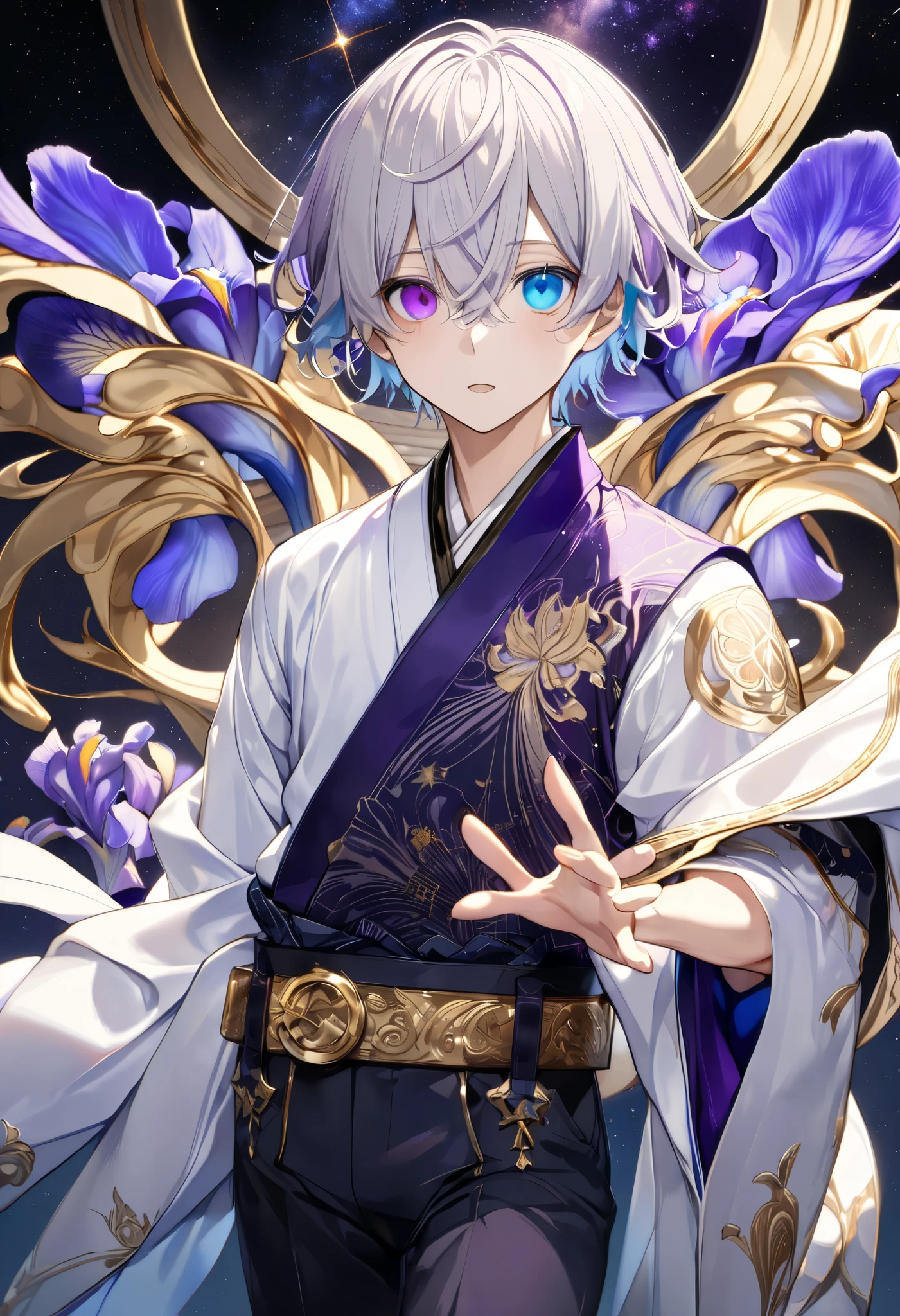 fresh illustration ,
Superfine painting,
very delicate illustration ,
Very fine details ,
Picture of only one boy ,
Height: 158cm,
(( standing)),
white skin,
(((((The right iris is purple and the left iris is blue)))))
(((((Complete iris heterochromia ))))),
beautiful eyes,
large black pupils ,
short hair,
Gray Hair,
hair roots are bluish ,
The hair has gradation ,
shiny hair with makeup,
Beautiful and pretty face,
A small rear wheel that shines brightly floats above the head ,
raised eyebrows ,
and is wearing a kimono on the upper body in kimono,
Masculine physique,
Six Pack,
lower body Nadres ,
The color of the belt is black ,
Overall white clothes ,
The design is tastefully embroidered with gold thread,
fine fabric clothing ,
jockstrap underwear ,
white thigh strap ,
white thigh strap は肌に食い込んでいる,
white long boots,
There are countless Japanese style ,
number of fingers on the hands and feet ,
thin waist,
thin legs ,
Isometric,
Golden Ratio,
god々 like atmosphere,
The undershirt is indigo-colored with a stand-up collar,
outer space ,
Milky Way,
Little Star々 upper body ,
tactical use of shadows ,
rings of the head and hair do not stick out of the angle of view,
Clothes don't stick out of the angle of view ,
(( full shot)),
