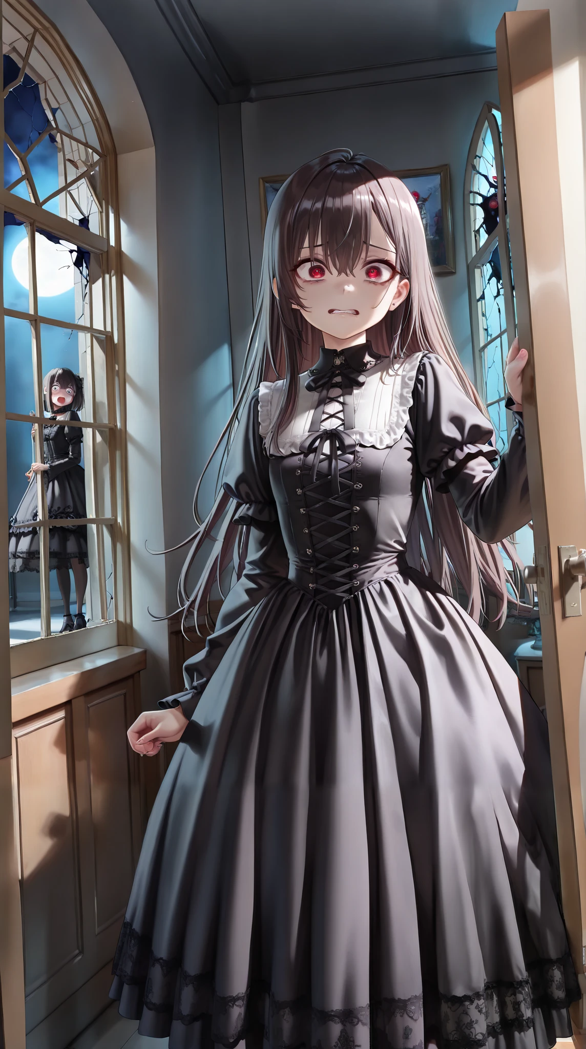 A shoujo manga style color illustration of a creepy and mysterious girl in an Alice costume, standing in a decaying and abandoned department store that was built in the mid-Showa era, with cracked pillars and walls. The background is a black haze that creates a gothic horror atmosphere. The girl has a grin on her face that shows her teeth.