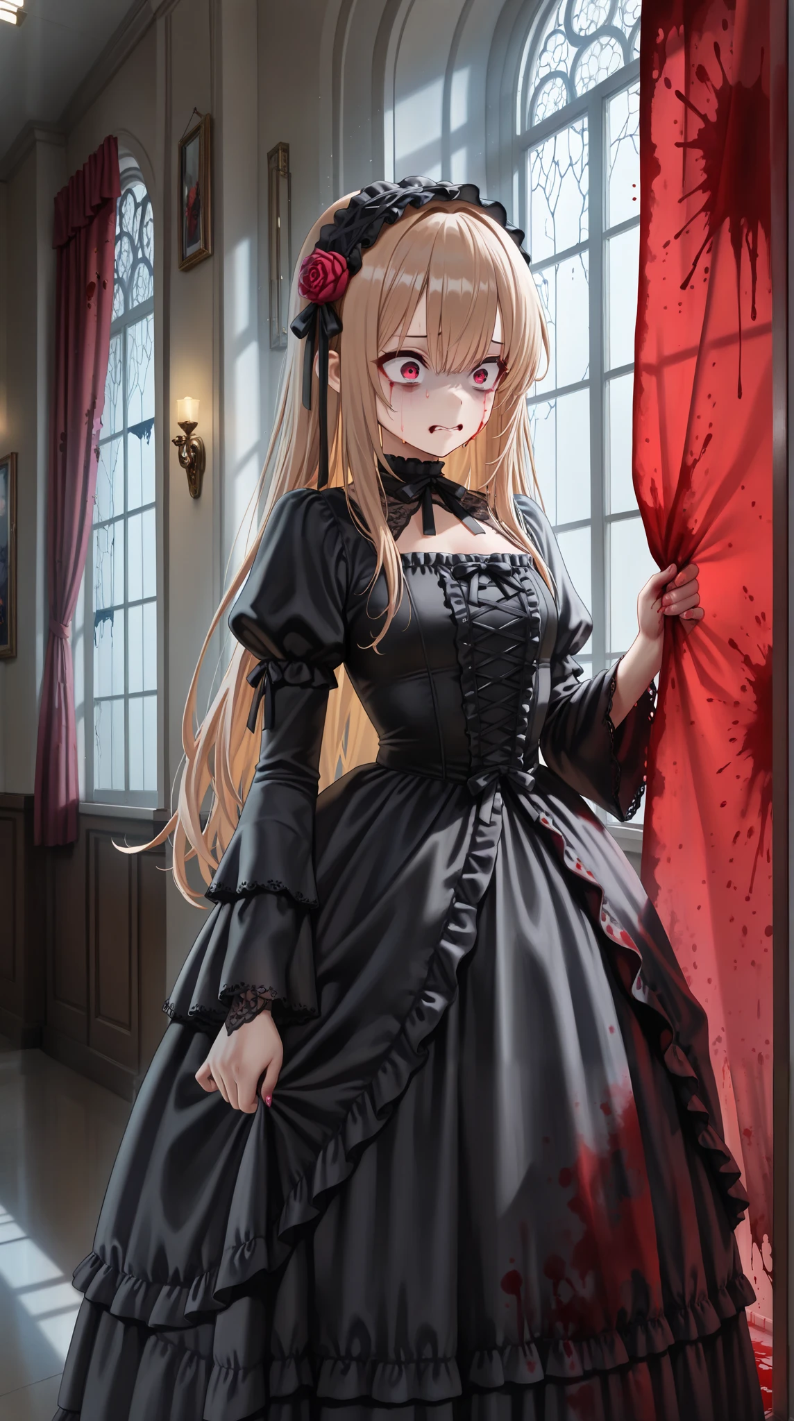 (( best quality )),( super high resolution),( very detailed),( Detailed explanation ),(( best CG )),( Best Works of Art ), Ultra Precision Art, Amazing Painting Art,( Art with Precise Details :1.5), woman, frightened expression , Gothic Dress, Nightmare, Moonlight shining through a broken window, An endless dark hallway, Blood stained and torn curtains