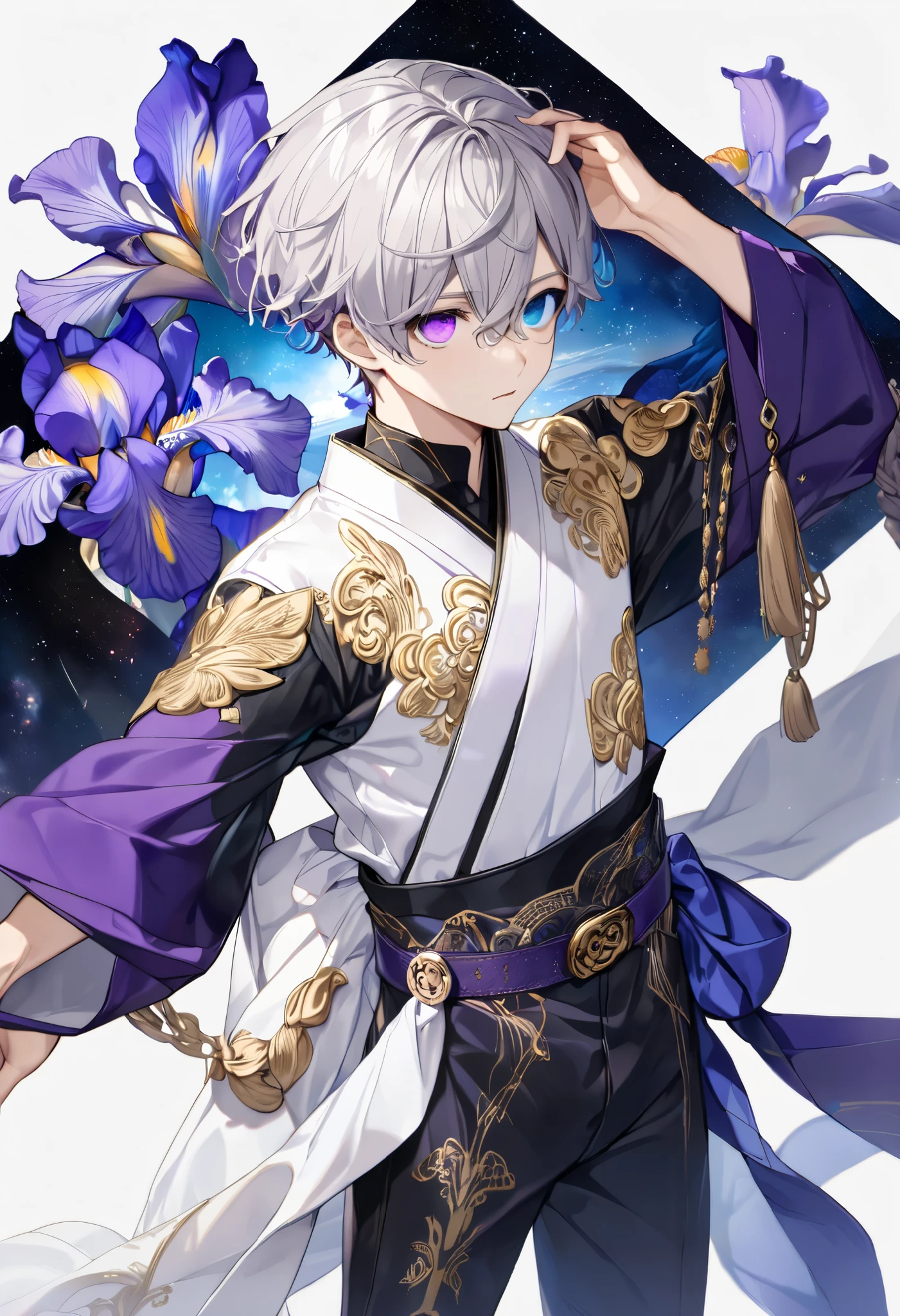  fresh illustration ,
Superfine painting,
 very delicate illustration ,
 Very fine details ,
Picture of only one boy ,
Height: 158cm,
(( standing)),
 white skin,
(((((The right iris is purple and the left iris is blue)))))
(((((Complete iris heterochromia ))))),
 beautiful eyes,
 large black pupils ,
 short hair,
Gray Hair,
 hair roots are bluish ,
 The hair has gradation ,
 shiny hair with makeup,
Beautiful and pretty face,
A small rear wheel that shines brightly floats above the head ,
 raised eyebrows ,
 and is wearing a kimono on the upper body in kimono,
Masculine physique,
 Six Pack,
 lower body Nadres ,
The color of the belt is black ,
Overall white clothes ,
 The design is tastefully embroidered with gold thread,
 fine fabric clothing ,
 jockstrap underwear ,
 white thigh strap ,
 white thigh strap は肌に食い込んでいる,
 white long boots,
 There are countless Japanese style ,
 number of fingers on the hands and feet ,
 thin waist,
 thin legs ,
Isometric,
Golden Ratio,
god々 like atmosphere,
 The undershirt is indigo-colored with a stand-up collar,
 outer space ,
Milky Way,
Little Star々 upper body ,
 tactical use of shadows ,
 rings of the head and hair do not stick out of the angle of view,
Clothes don't stick out of the angle of view ,
(( full shot)),