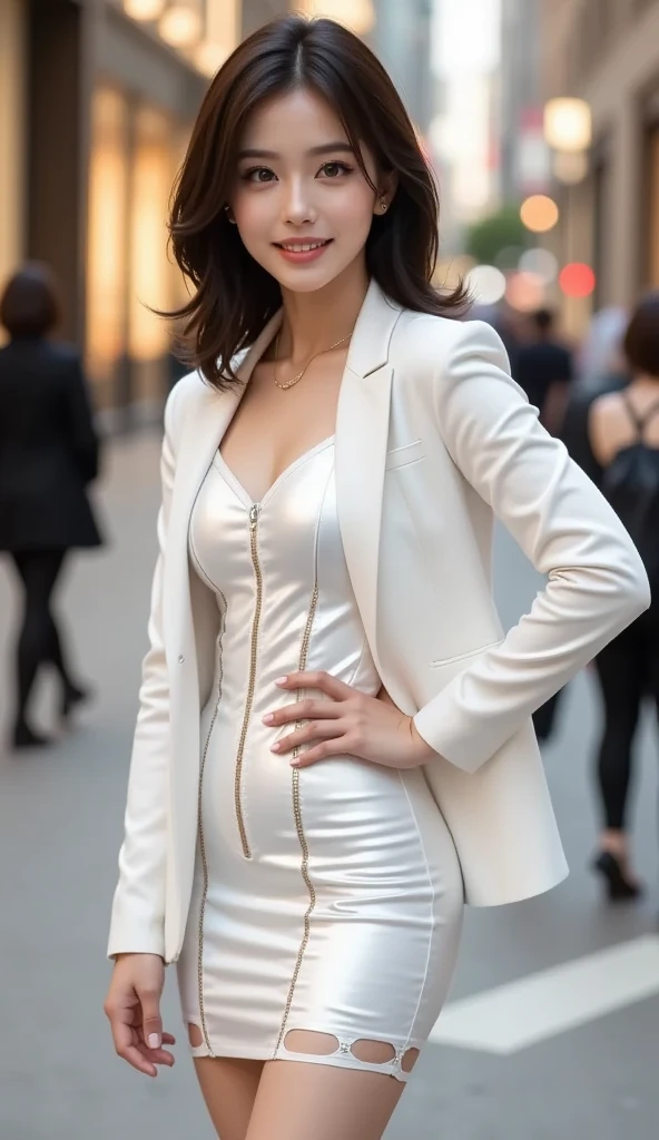 (One Gal:1.8), ( black hair:0.2),((A Shining Place)), ( outdoor, shopping mall, shopping street), ( I'm showing my whole body, standing, (( model pose)), Spread Your Legs Naturally , walking ), ( is tall, Thin Thighs, long legs , Small Waist , Beautiful ), ((( highly detailed skin , beautiful realistic face, white skin, brown eyes, Natural Eyes, focus on the eyes, accurate limbs in theaters))), ( surrealism , Ultra-realistic, 8K quality, Attention to Details, super high resolution, best quality , masterpiece), perfect strict suit,((( accentuated office suit , Shiny Office Suit Set , (( wear a formal suit jacket)), ((Wear a tight formal skirt )), ((metallic white fine bodycon suit)), ((( bewitching smile))), high waist with her, (Stiletto heels), staring at the camera, (Only women are pictured), smooth silhouette, natural curves, photorealistic , intricate details,(Thin chain accessories),( garter belt),( garter stockings),(Black color ),( beautiful makeup :1.3), ((((( Black Stylish Stretch Knee High Boots, Stiletto Heels ))))):1.8, (( full body shot )):1.8