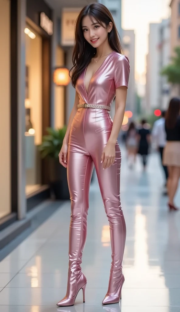 Young Anne Hathaway has long brown hair,Wearing a pink shiny full body suit,Full breasts,Long legs,Over the knee boots,Wear a belt,Standing among a group of cobras,Full body picture,Realistic