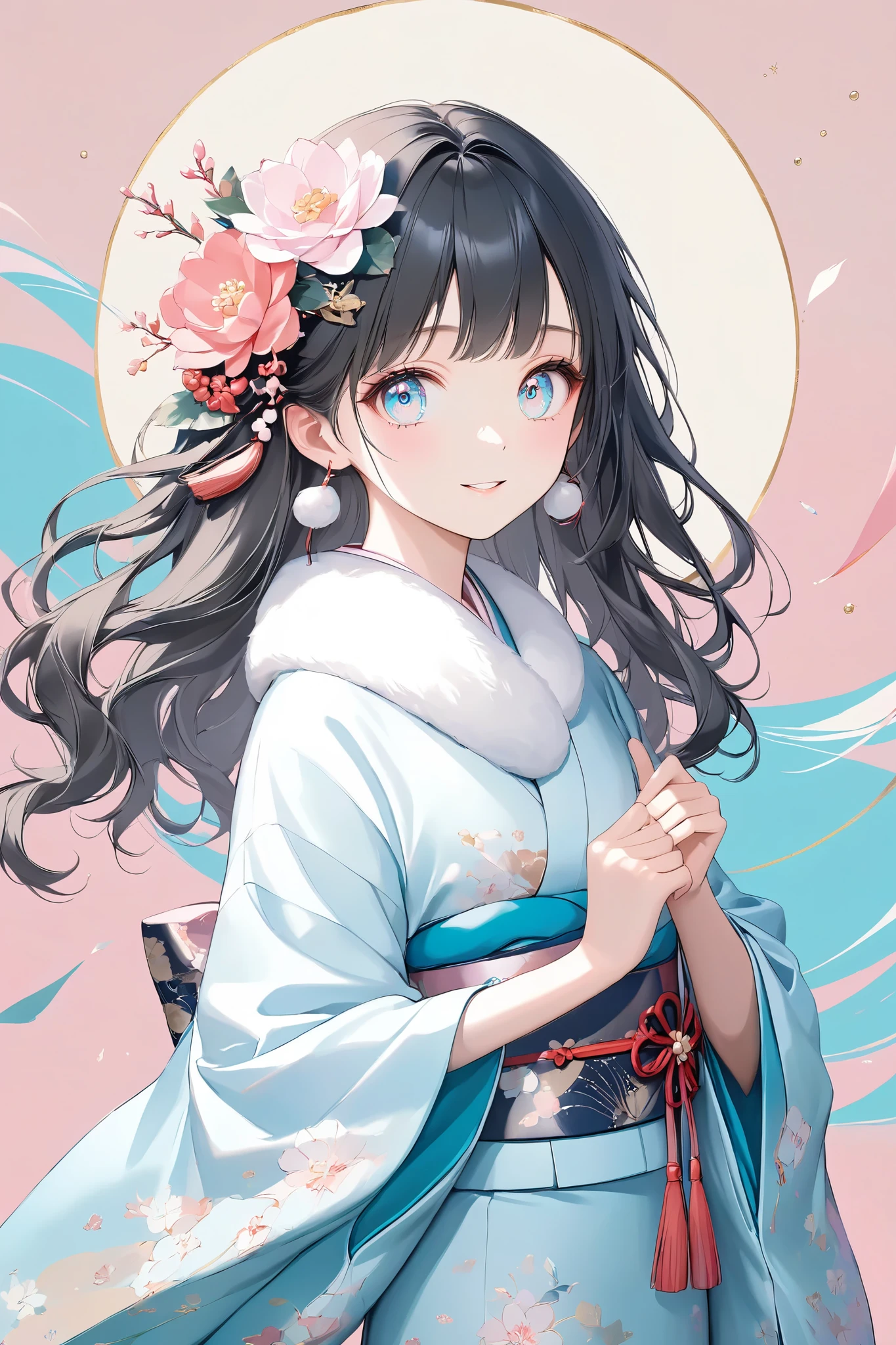 Masterpiece, high quality, high tonal range, high resolution, 16K, background detail, digital painting, pastel colors, hyperrealistic, ite girl, coming of ageelebration, beautiful face, long eyelashes, big eyes, sparkling eyes, fair skin, slender figure, full body, Kimono, fur scarf, wavy long wavy black hair, gorgeous hair ornament, smiling face, lively background, cinematic angle