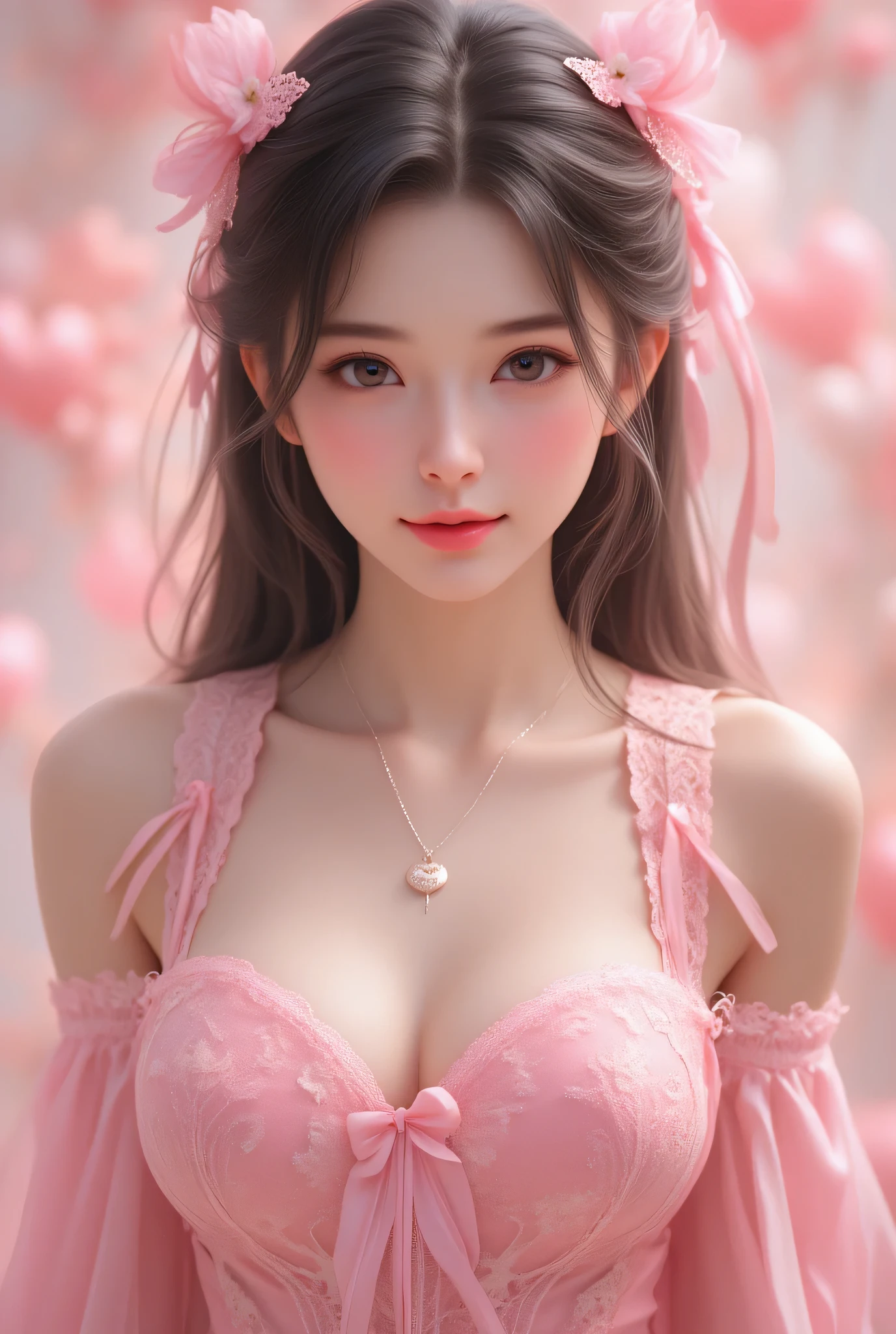 (Highest image quality, high resolution, realism: 1.2), dramatic lighting, oil painting, super busty girl, delicate skin texture, flowing long hair, elegant posture, bright colors, meticulous painting, portrait painting, realistic makeup, Strong gaze, exquisite facial features, complex background, professional illustrations, ((lace fabric 1.5))), big breasts 1.5, super big breasts, large cleavage, pink areola, see-through dress 1.4