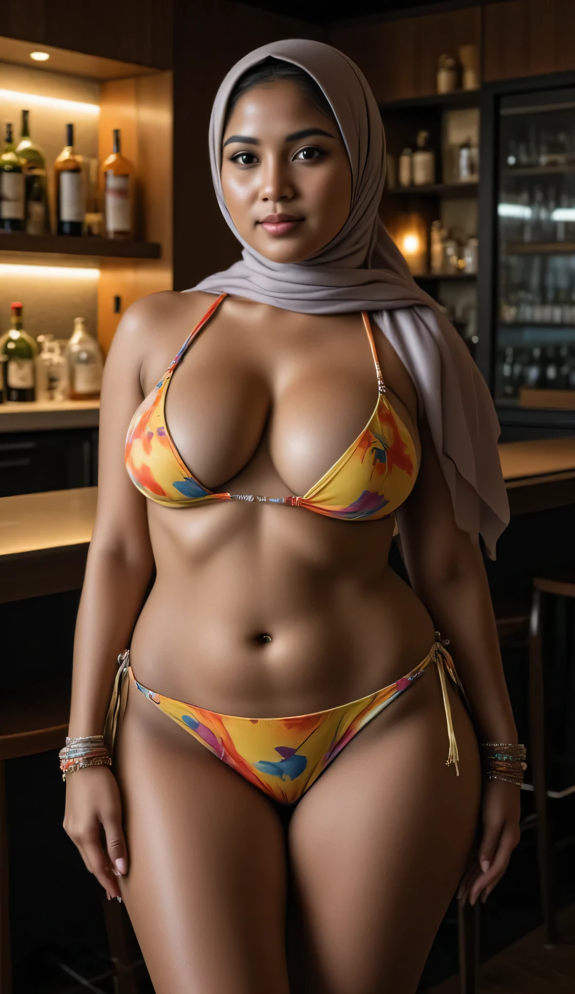 Indonesian hijab, beautiful face, bikini, wide waist, inside the bar, 4k, hd, hdr, high resolution.