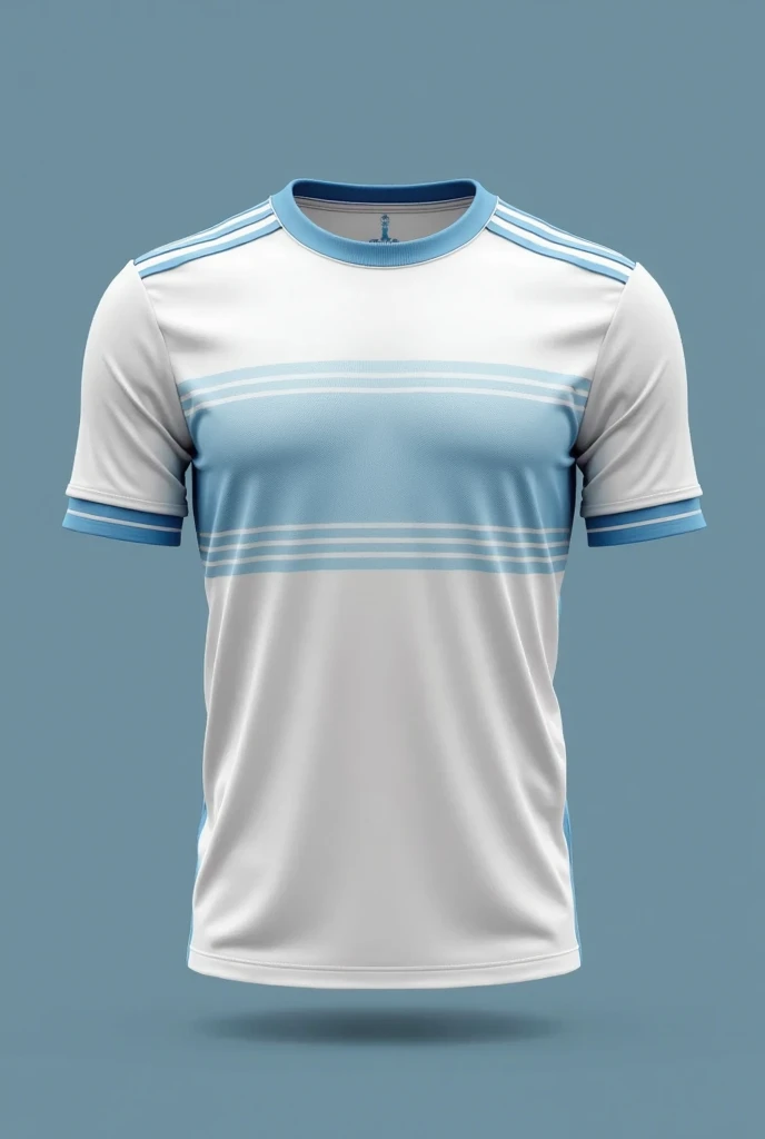 Can you create another design for me for a soccer shirt with a white background and a stripe on the chest in light blue colors?, White and green. Y que la franja sea como una bandera de color celeste White and green, use the same model