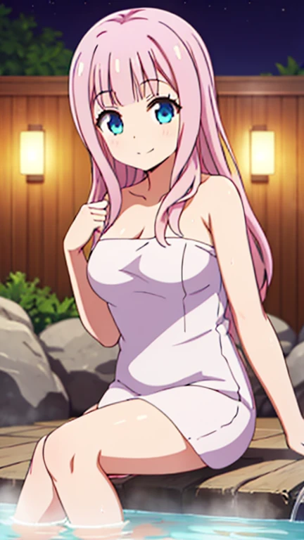 highest quality、(master piece:1.2)、detailed、Chika Fujiwara (Kaguya-sama)、1 girl、solo、open your mouth、Satisfied smile、pink hair、blue eyes、long hair、fart、Gas comes out of the butt、hot spring、Completely naked