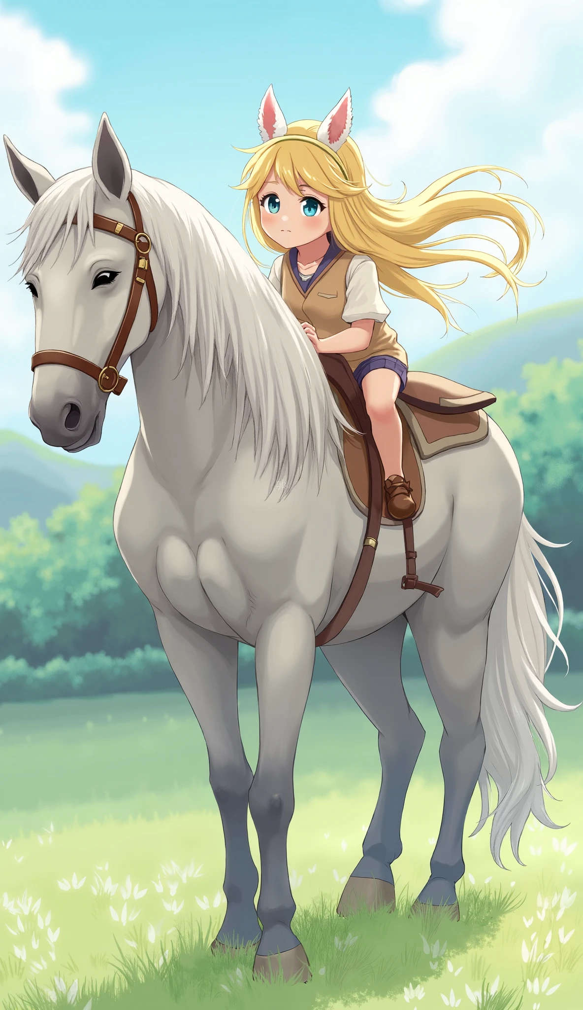 Full shot, (Horse:1.3), Pants, Cowboy shot, 1 girl, Black-blond hair, Long hair, Beautiful face in golden ratio, Green eyes, Standing alone, Ahoge, Midriff, Booties, Smile, へそ, Belt, Cleavage, Big breasts, Slim waist, Huge buttocks, Thick legs, Break,
