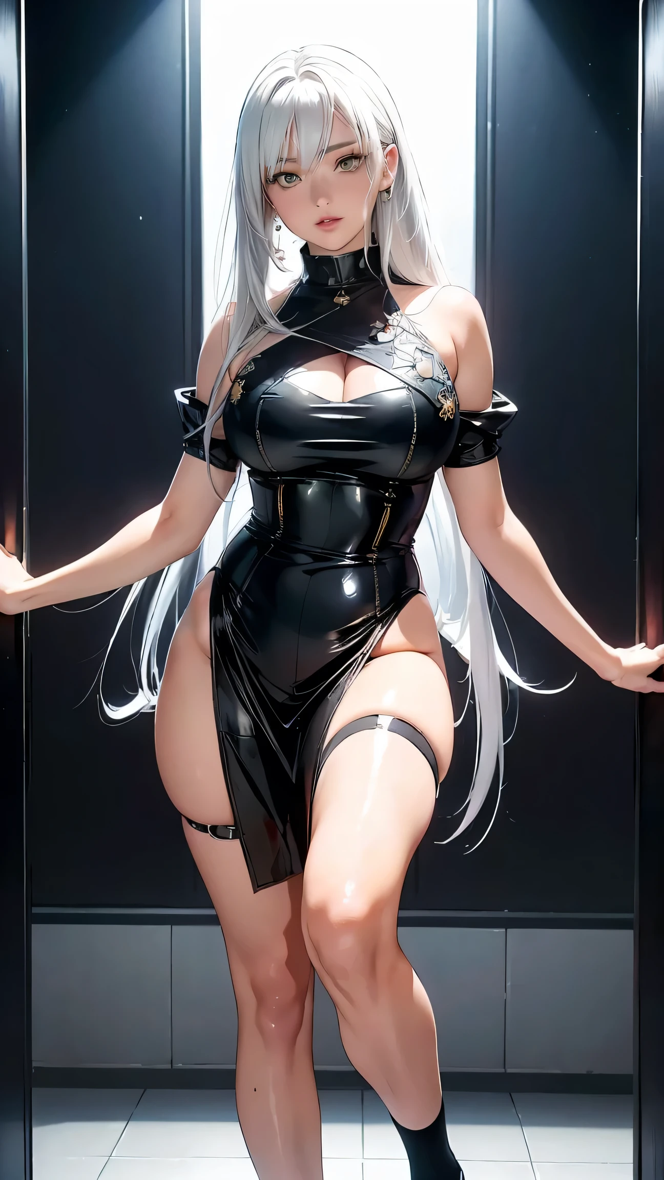 ((highest quality)), ((masterpiece)), (detailed), Big Breasts、Silver Hair、Girl、、soldier、straight
anime、Emotionless、headset、black tights、Completely naked、Female body parts、Leg spread