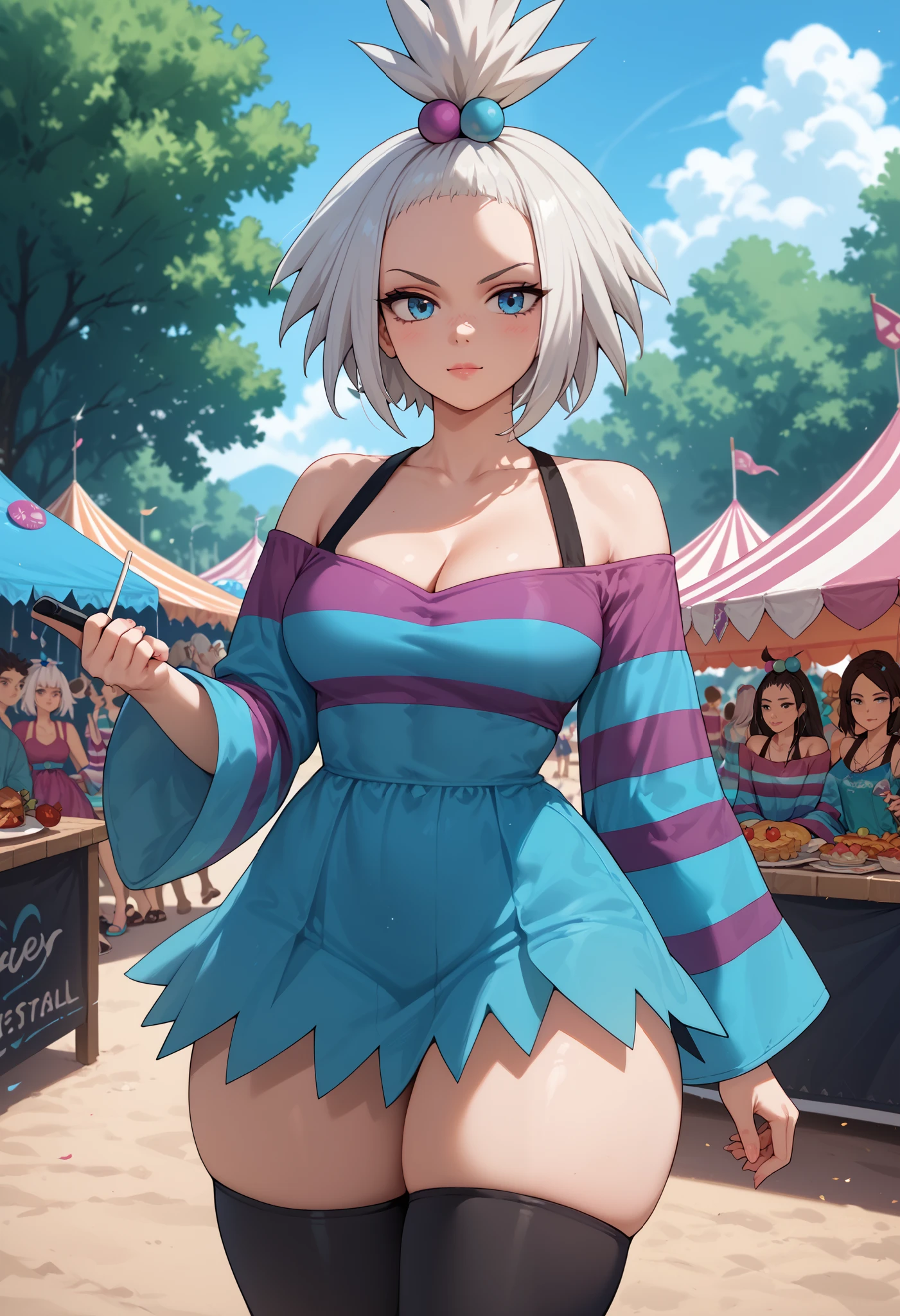 1girl, large breasts, small waist, small hips, thick thighs, zzRoxie, blue eyes, white hair, hair bobbles, topknot, (striped dress), bare shoulders, cleavage, outdoors, music festival, sunny, skinny, thigh highs, skindentation