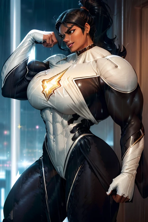 (masterpiece), (best quality), ((Nicki Minaj)), curvy, makeup, (brown skinned female), (thick thighs), ((small breasts:1:1)), ((wide waist)), hair with bangs, ((storm from x-men outfit)), ((grey background)), contoured
