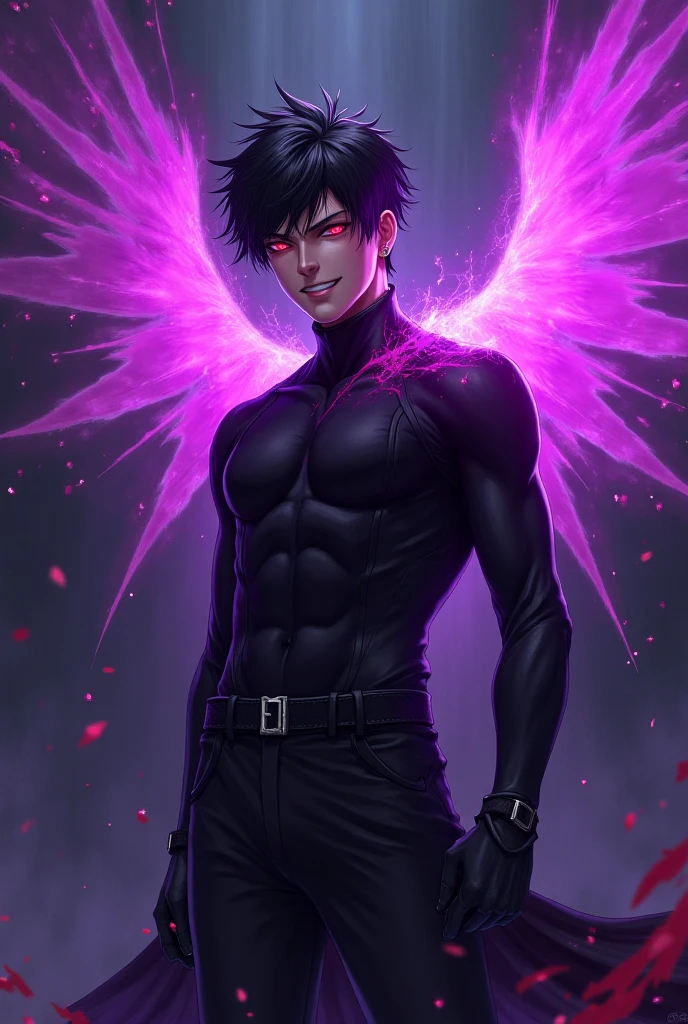 A sexy black skin, male anime character wearing a necklace with a purple gem on it, black hair with a white stripe on it and wearing a long, black, cool jacket and wearing a long, dark gray pants with purple glowing stripes on and wearing boots and has Bedass robotic wings 