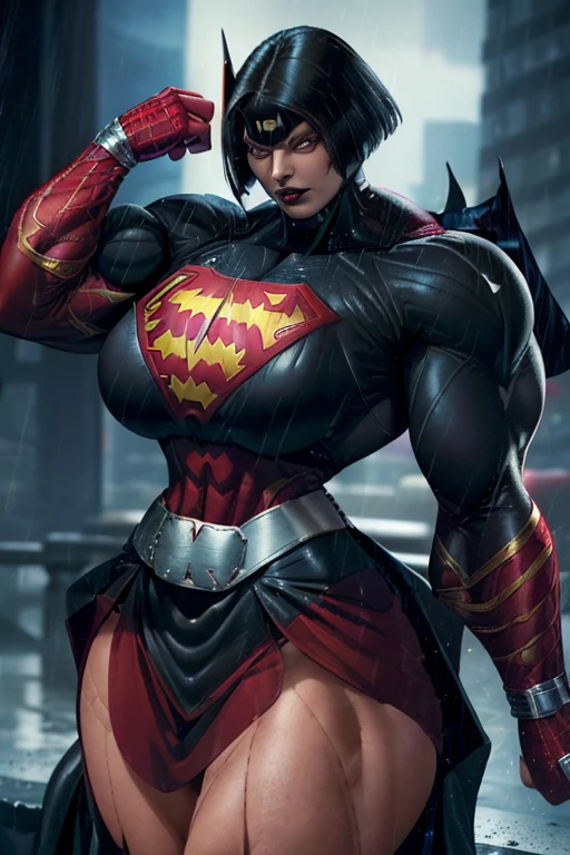 (high resolution, pixel perfect, gorgeous illustrations), (hyper quality, muste piece, etheric: 1.4), ((nsfw)), (((cowboy shot))), face focus, ((1girl)), (((boyish))), (((((punk))))), hot Rocker punk girl, ((((sexy pose, open stance)))), cool atmosphere, black hair, ((((very_short_hair, slicked_back_hair)))), (((piercing))), eyelid_piercing, nose_piercing, (((Exquisite face, aroused))), blush, ((black_lips)), (gothic_makeup), tattoo, ((((muscular_female)))), (ideal ratio body proportions, slender, flat chest), fighter, ((((superhero)))), ((highleg_leotard_armor)), (((cameltoe))), shiny skin, gleaming skin, simple background,