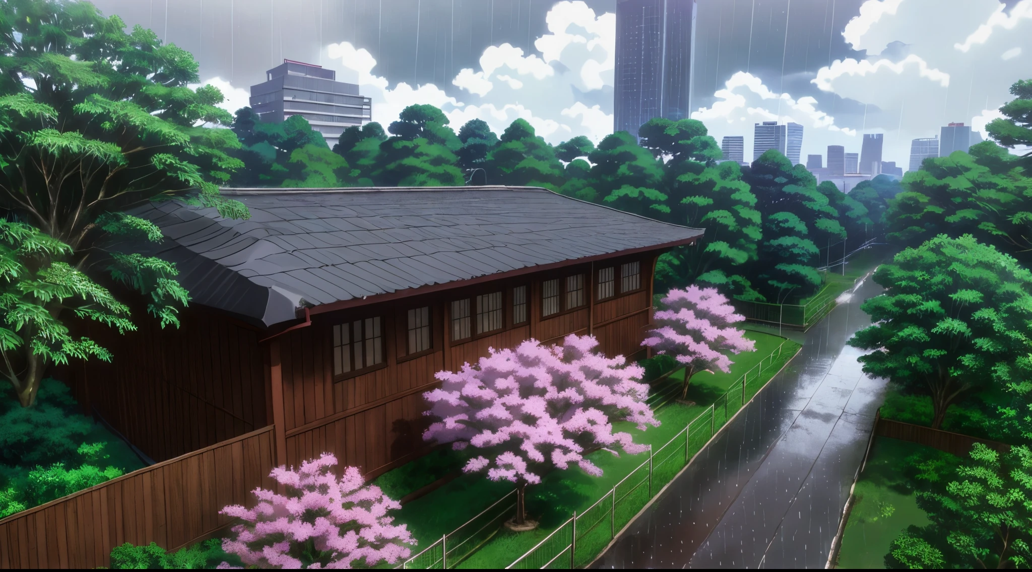 (Rainy sky) (Raindrops Falling) (Afternoon) (Grey Sky)
(80’s Anime) (Classic) (Vintage) (Retro)
1980’s Tokyo Jujutsu High School is a huge broad campus of several buildings build in a traditional Japanese High School architectural style.
The school building is well hidden in the center of Tokyo's City, far and high in the Downtown District. Naturally, there is a big garden where there are a lot of Red lil flower Trees around the property to further obscure the location.
(View from the Above the campus)