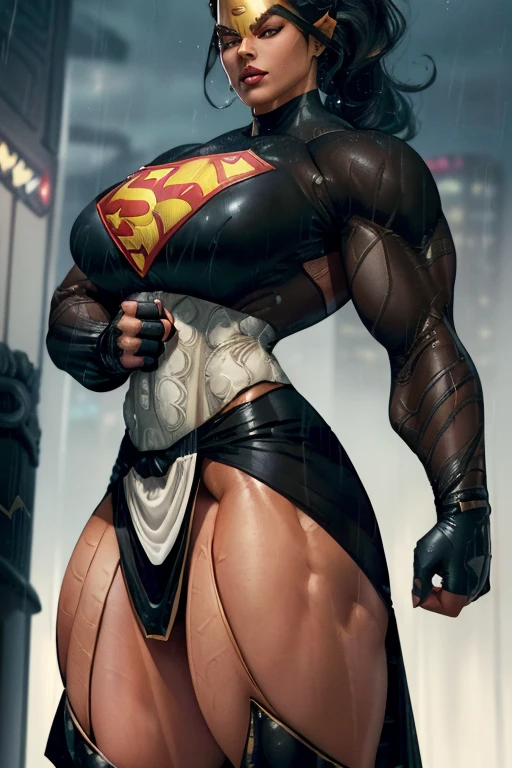 ((((Massive, tall, beautiful, buff, pale white skinned muscular woman with orange hair, ginormous bulky muscles and wearing a orange Batgirl suit with a cape and tight pants)))), (close view), massive muscles, massive biceps, hyper muscle triceps, (long shaggy hair), green eyes, black gloves, spiked gauntlets, high heels boots, city, at night, smirk, hyper muscles arms, hyper muscle legs, massive arms.
