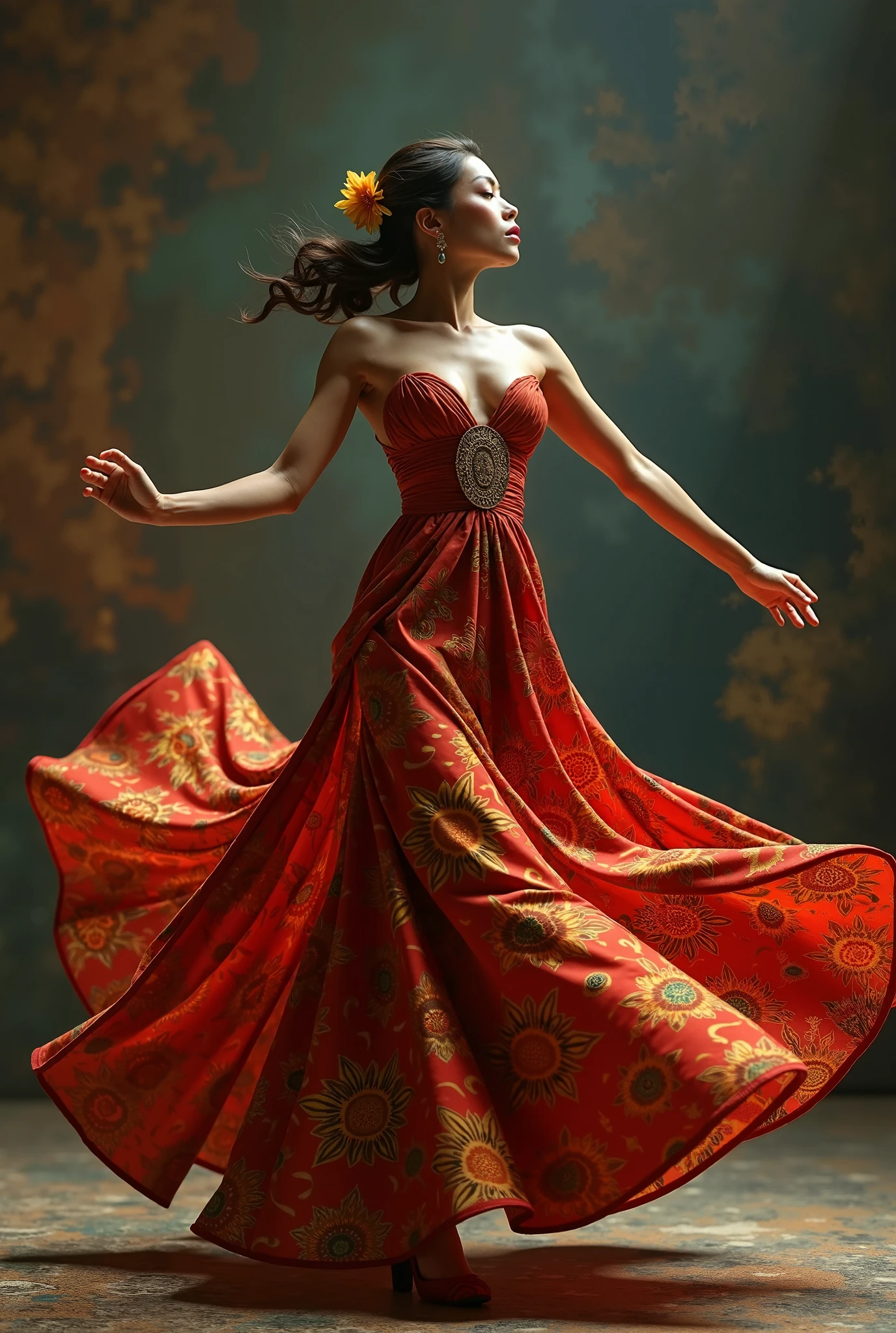 **Digital artwork featuring a stylized, elegant dancer in mid-motion against a black background. The dancer, with a fair complexion, is dressed in a flowing, multi-layered gown with vibrant colors of red, gold, and silver. The dress appears to be in motion, creating a dynamic and fluid effect. The dancer's face is partially obscured by a large, circular hat with a translucent brim. She wears golden high-heeled shoes, and her pose is graceful, with one arm extended and the other bent at the elbow. The overall composition is dramatic and visually striking, emphasizing movement and elegance**