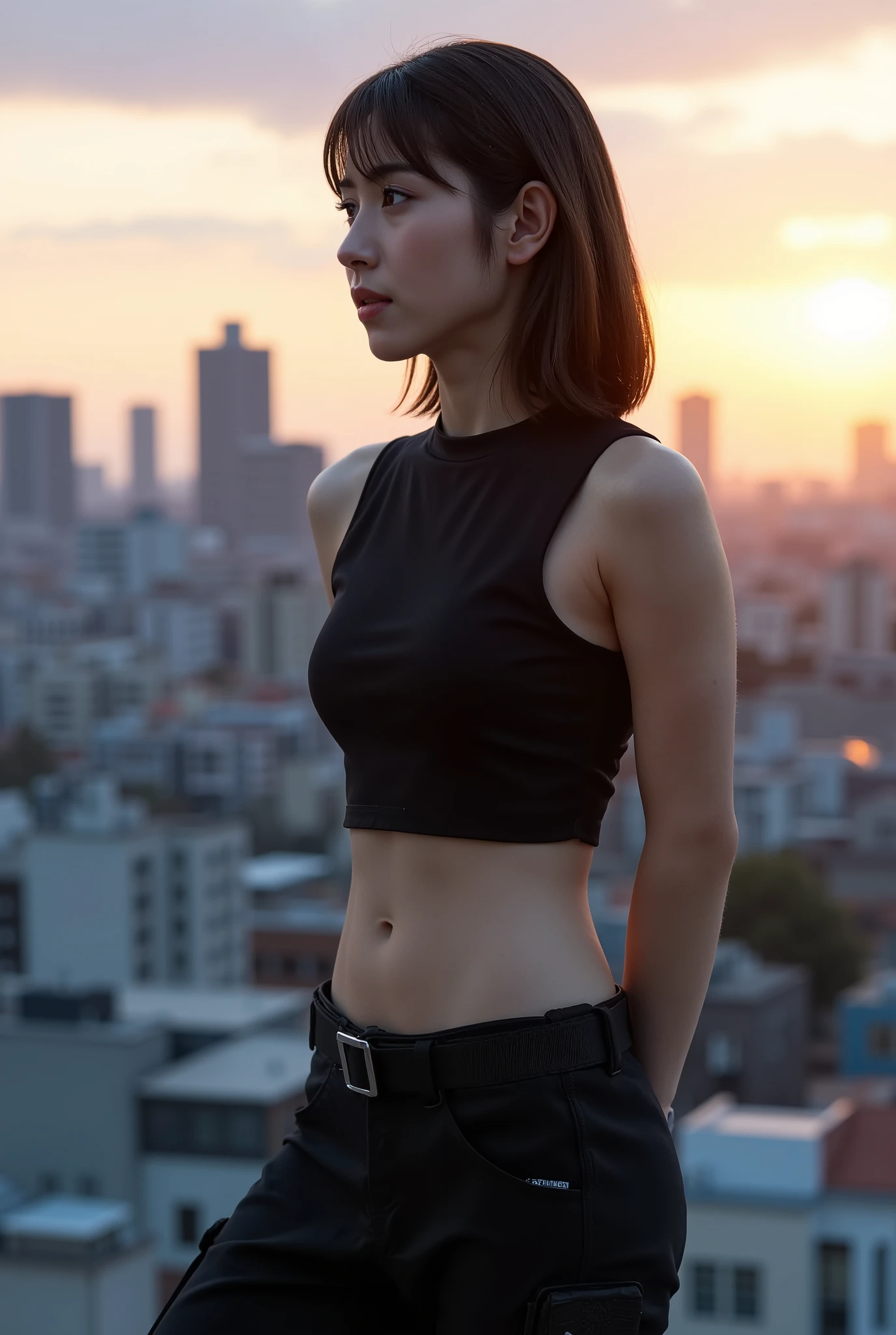 A 32-year-old Japanese woman wearing a tactical suit with a sleeveless design that reveals her abs、 while lightly placing both hands behind the back on the roof of a building、Staring at the sky at dusk 。