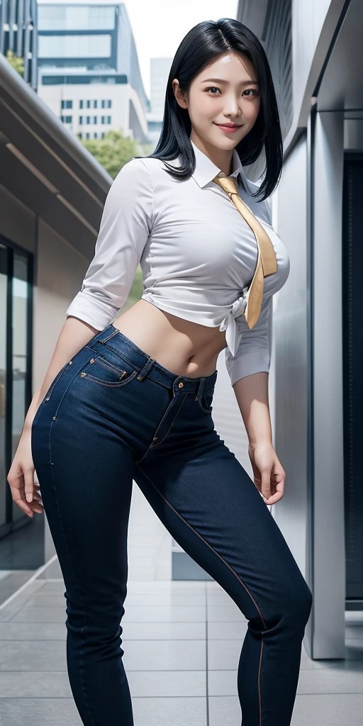 (masterpiece, best quality), 1girl, Cream Messy Chignon, Size C breasts, Dark blue Button-up chambray shirt with a high-low hem. and Paperbag waist pants, garter straps, Standing with arms stretched upwards, reaching for the sky.