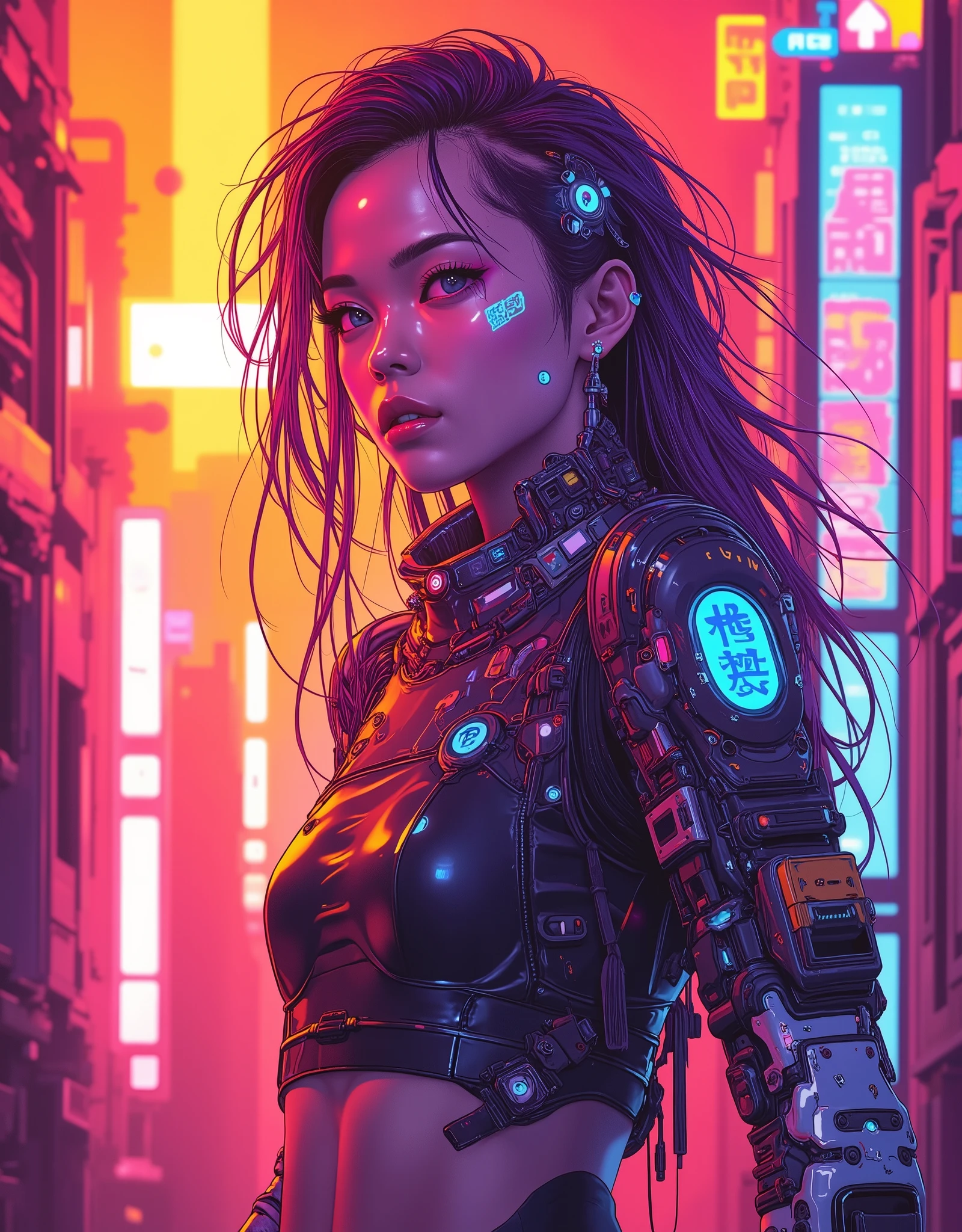 ((manga art style cowboy shot) of (perfect Asian cyberpunk girl))), ((dynamic pose)), ((LED lights)), (((extremely weird punk hairstyle))), ((manga drawing)), (warm colours), ((cinematic lighting)), perfect features, abstract beauty, near perfection, pure form, concept art, intricate detail, 8k post-production, High resolution, super Detail, trending on ArtStation, sharp focus, studio photos.