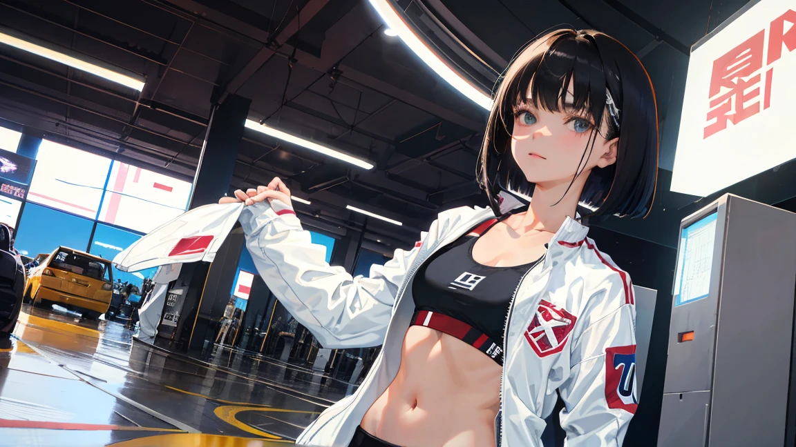 pachinko,impatience,cute,Black Hair,Thighs,cute咆哮,Crossing your legs,Picture seen from the side,beautiful person,ponytail,Black jacket,Belly button,boots,Shorts,jeans,Silver Accessories