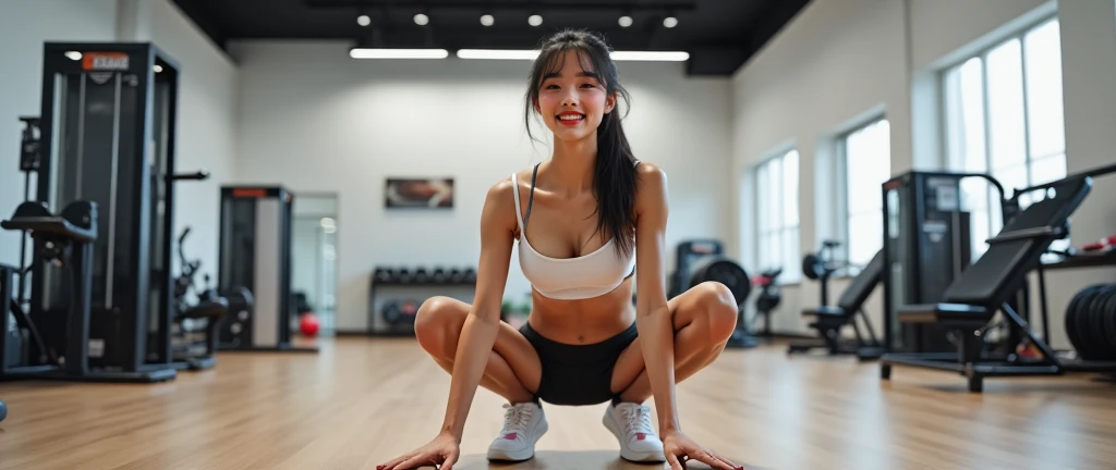 SFW, top quality, ultra high resolution, ultra-detailed face and eyes, (photorealistic: 1.4), 1 girl, 21 year old girl, ((gym background)), (practice yoga: 1.4), thin swimsuit, M-shaped legs (light gray: black hair: 1.4), watch viewer, smile, cute, big ass, cross-eyed, (long legs), big breasts, narrow waist, underwear, white pants,