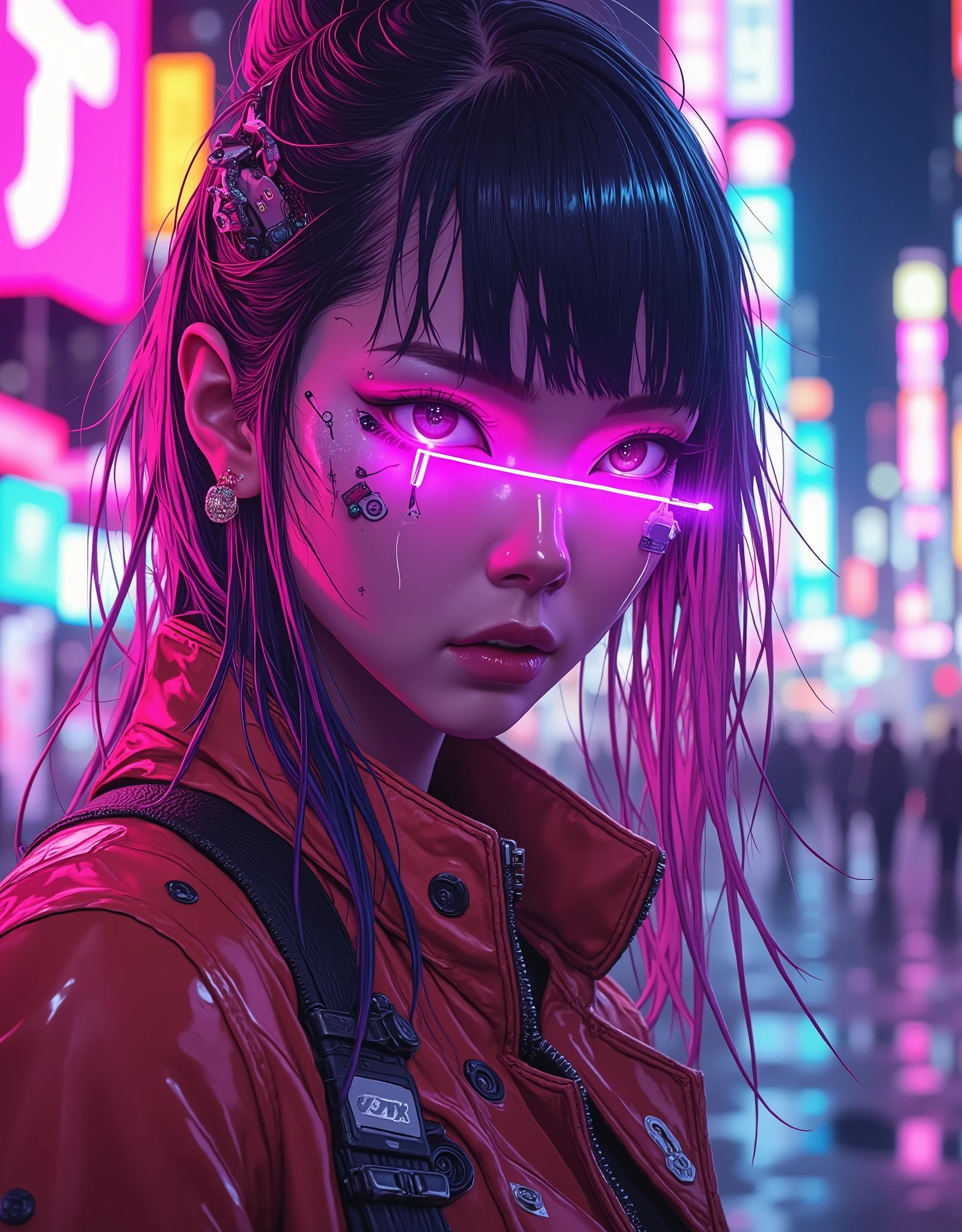 ((manga art style cowboy shot) of (perfect Asian cyberpunk girl))), ((dynamic pose)), ((LED lights)), (((extremely weird punk hairstyle))), ((manga drawing)), warm colours,  ((cinematic lighting)), perfect features, abstract beauty, near perfection, pure form, concept art, intricate detail, 8k post-production, High resolution, super Detail, trending on ArtStation, sharp focus, studio photos.